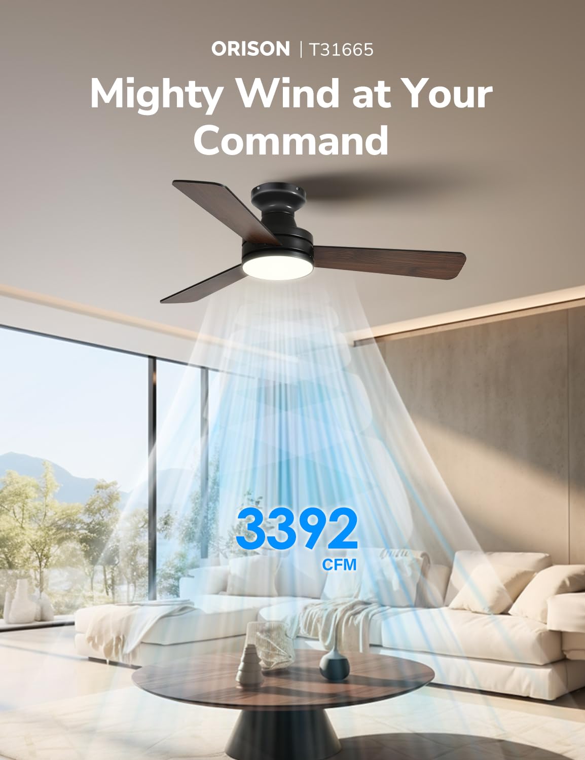 Orison Ceiling Fans with Lights, 42 inch Low Profile Ceiling Fan with RGB Backlight, Flush Mount Ceiling Fan with Remote and App Control, Black Ceiling Fan for Bedroom, 6 Speeds, 3 Reversible Blades