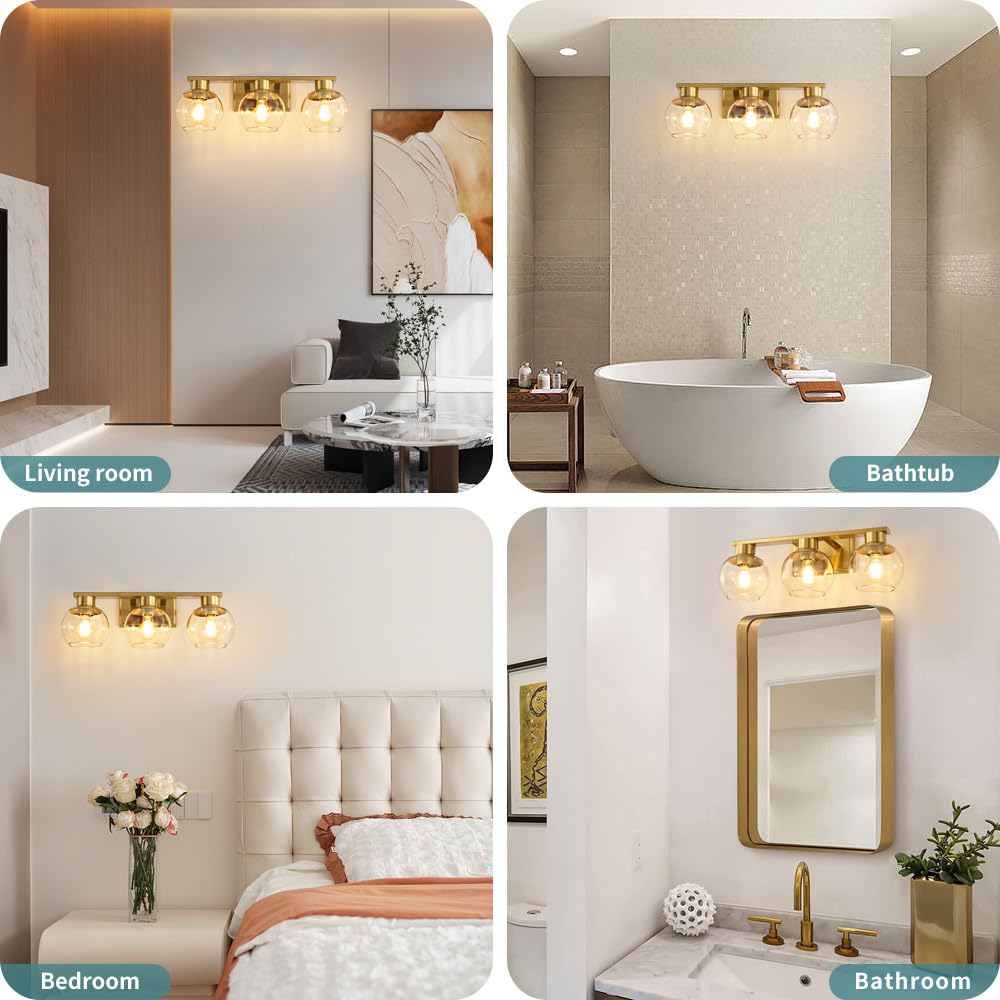 2 Light Black and Gold Vanity Lights for Bathroom Light Fixtures Over Mirror 13.7 in Clear Glass Shade Industrial Wall Sconce