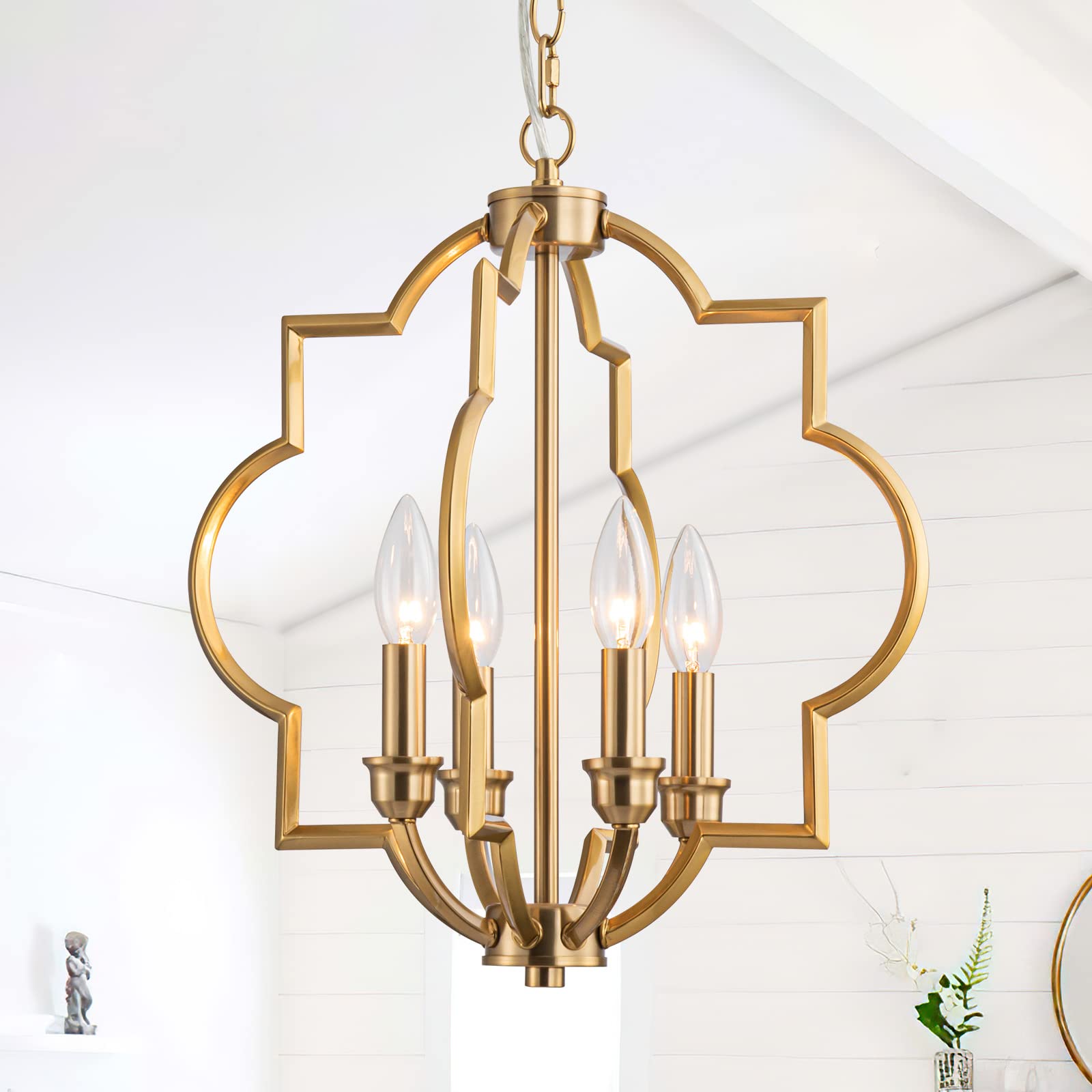 15.6“Gold Farmhouse Chandelier Dining Room Light Fixtures Over Table, Brass Kitchen Island Pendant Light, 4 Light Rustic Orb Geometric Ceiling Hanging Lighting for Entryway Foyer Bar Restaurant