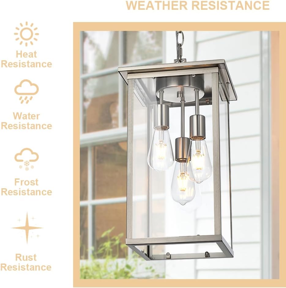 Lagre Outdoor Pendant Light Fixtures, Brushed Nickel Exterior Porch Hanging Lighting with Adjustable Chain, Clear Glass Panel Ceiling Lantern for Front Door Foyer Entryway, E26 Bulb Base