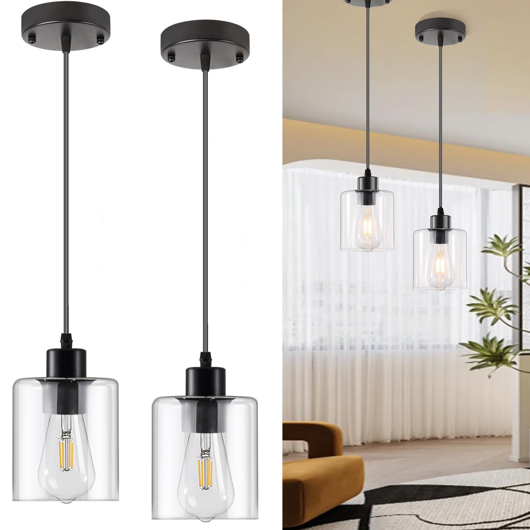 3-Lights Pendant Light Fixture, Hanging Light Fixture Kitchen Island, Black Pendant Lighting for Kitchen Bedroom Hallway, Dining Room Light Fixtures, E26 Base, Clear Glass Shade