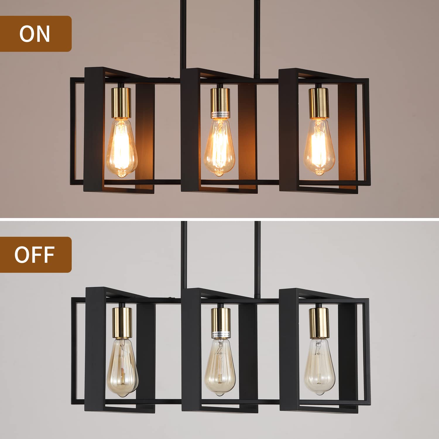 9MMML 3 Lights Kitchen Island Lighting, Modern Rectangle Linear Pendant Light, Black Frame+ Gold Socket Chandelier for Dining &Living Room Foyer Entryway Hallway,E26,Height Adjustable.