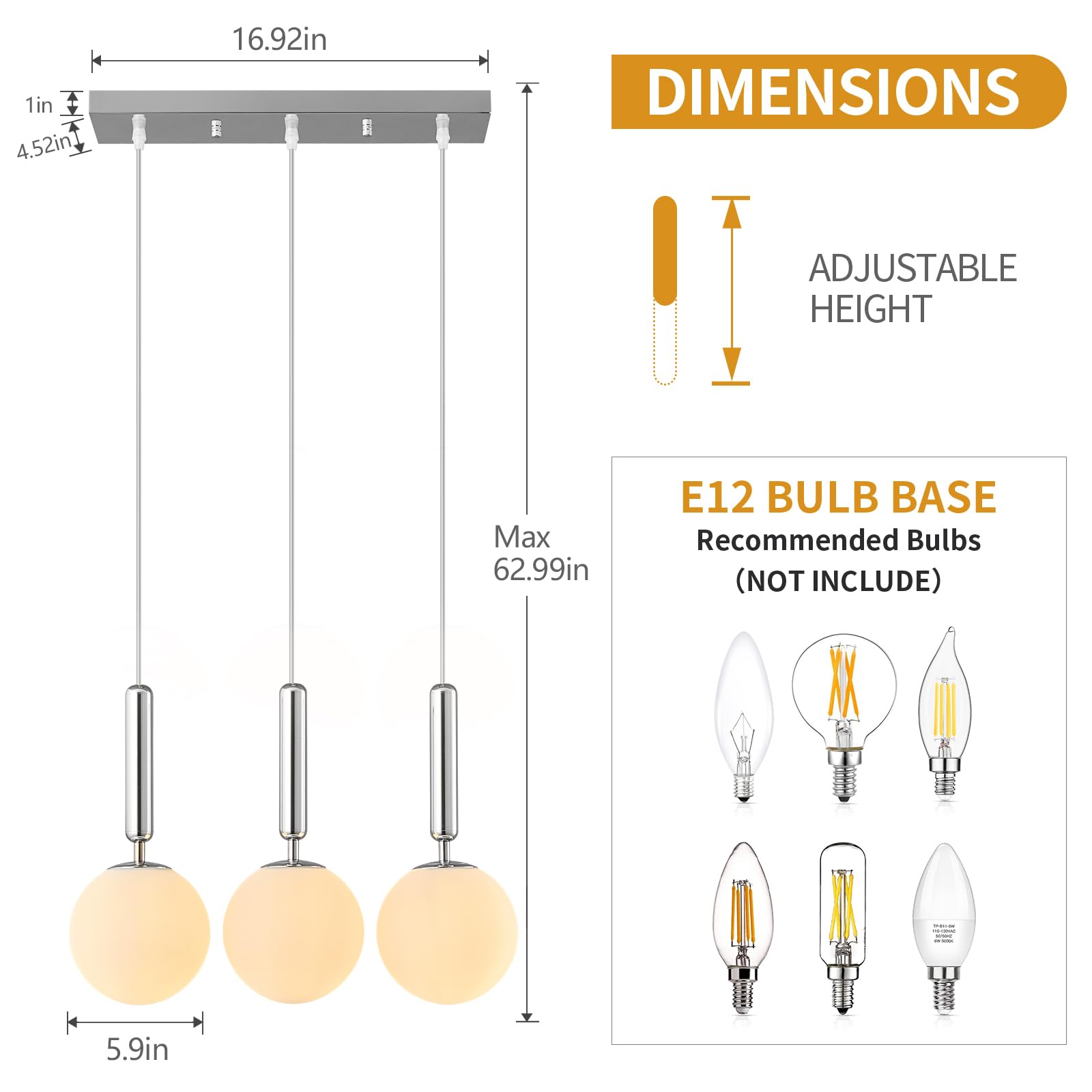 Mid Century Globe Pendant Light with Clear Glass for Kitchen Island Modern Gold Finish Hanging Light Fixture Retro Round Pendant Lighting for Living Room Bedroom Entryway(3-Light)