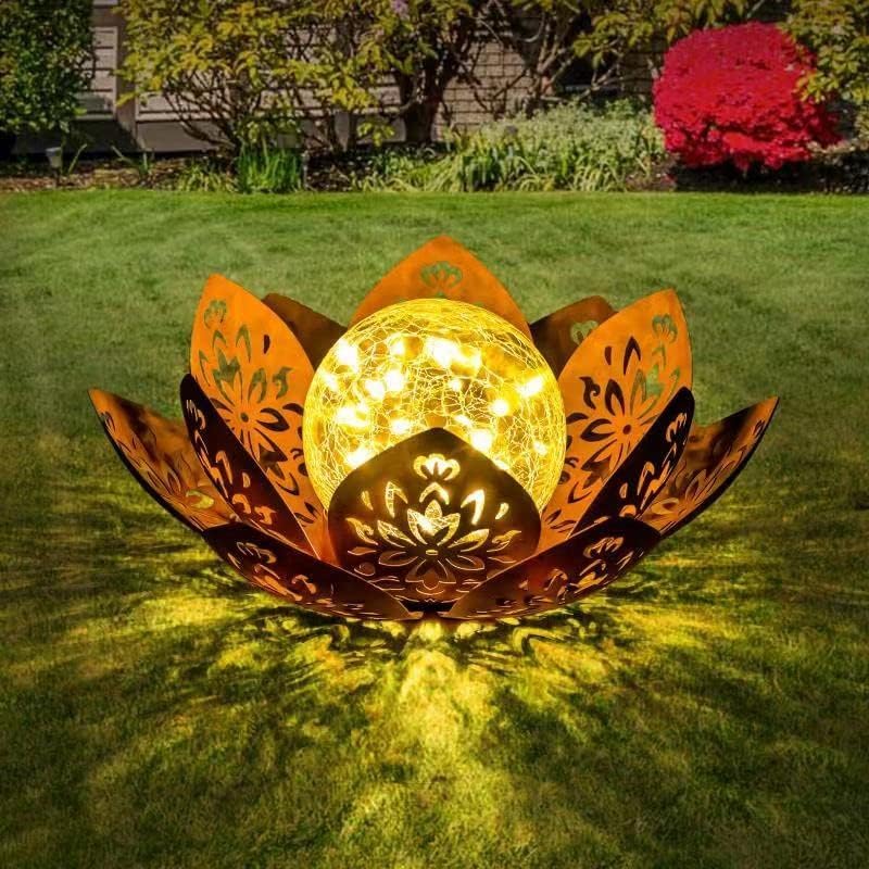 Solar Light Outdoor Waterproof Garden Light Metal Glass Decorative LED Lotus Flower Table Lamp