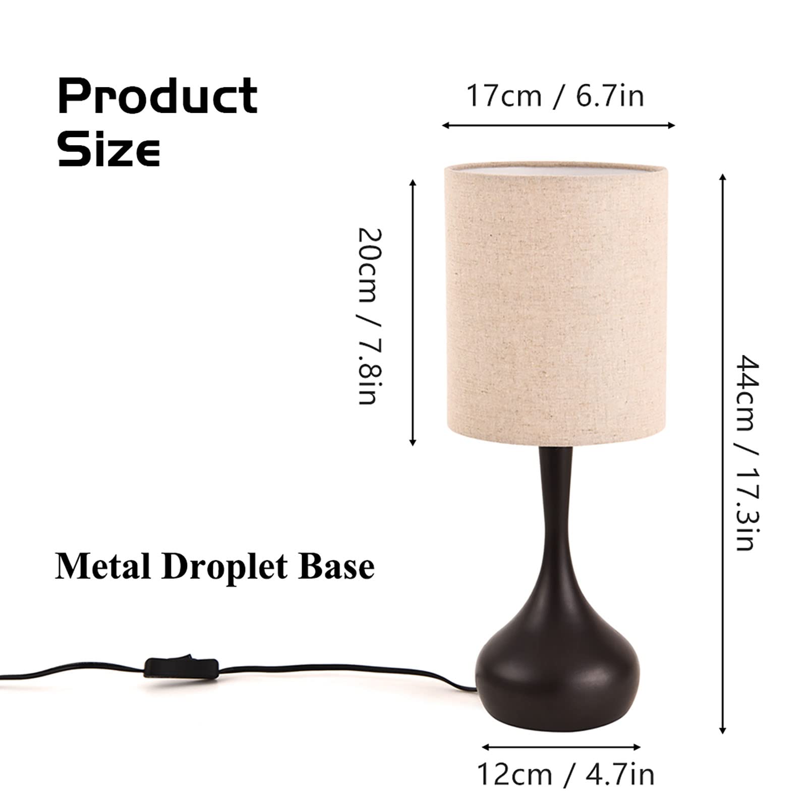 Modern Table Lamp Brown Base, 17.3" Small Desk Light with Metal Droplet, Cylinder Linen Drum Shade, Nightstand Lamp for Bedroom Living Room Nightstand Office