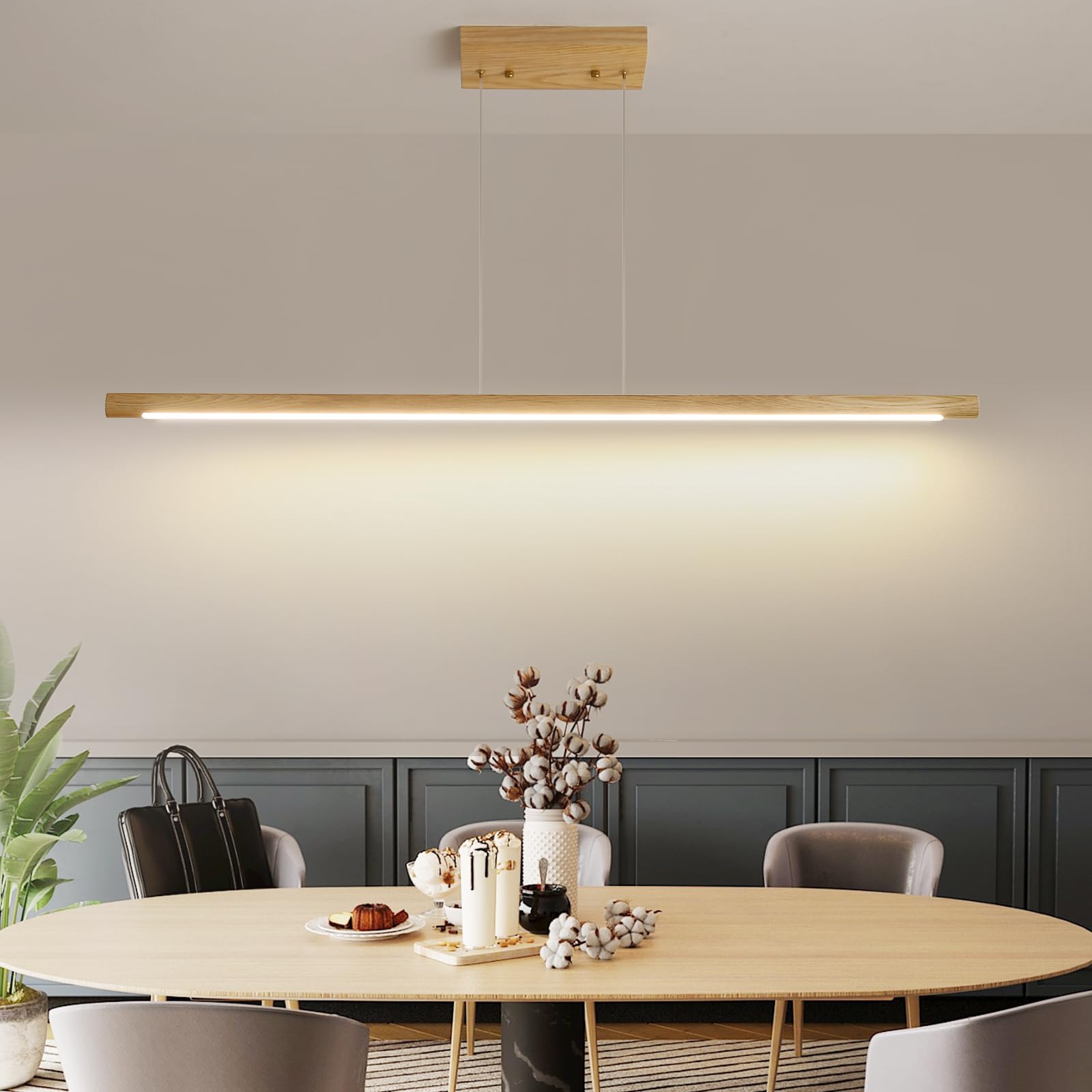 Wooden Linear Pendant Light, 47" Dimmable Pool Table Island Lights for Kitchen, LED Ceiling Pendant Lamp for Dining Room Billiard Room, Adjustable Height，Natural Ash