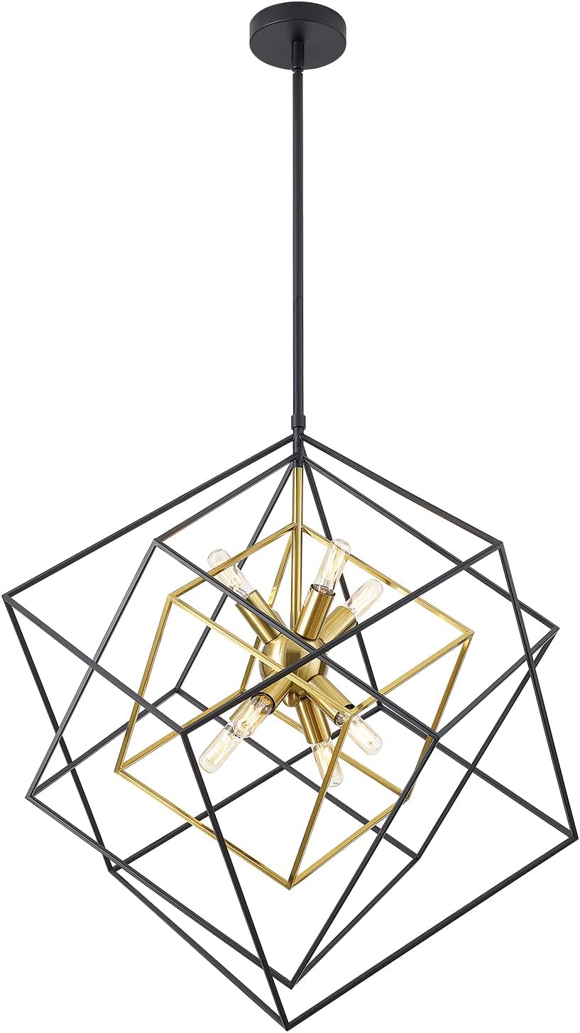 8-Light Modern Geometric Chandelier, Large Black & Brass Iron Industrial Kitchen Pendant Lighting, 72” Height Adjustable Flush Mount Ceiling Hanging Light Fixture for Dining Living Room