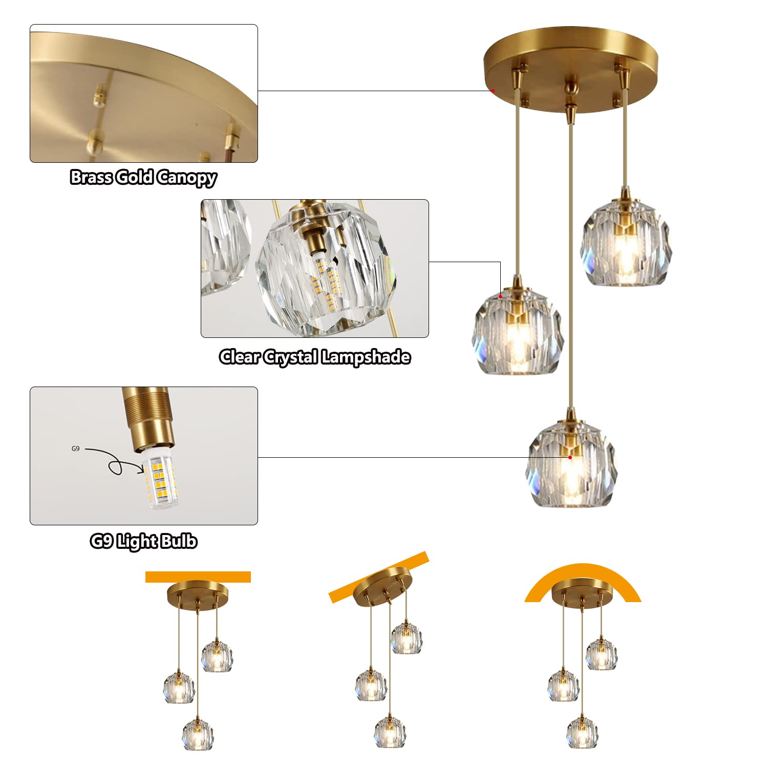 3-Light Cluster Pendant Lighting Crystal Chandelier Gold Hanging Pendant Light Fixture Mid Century Modern Multi Light Pendant Lighting for Dining Room Kitchen Island Bedroom