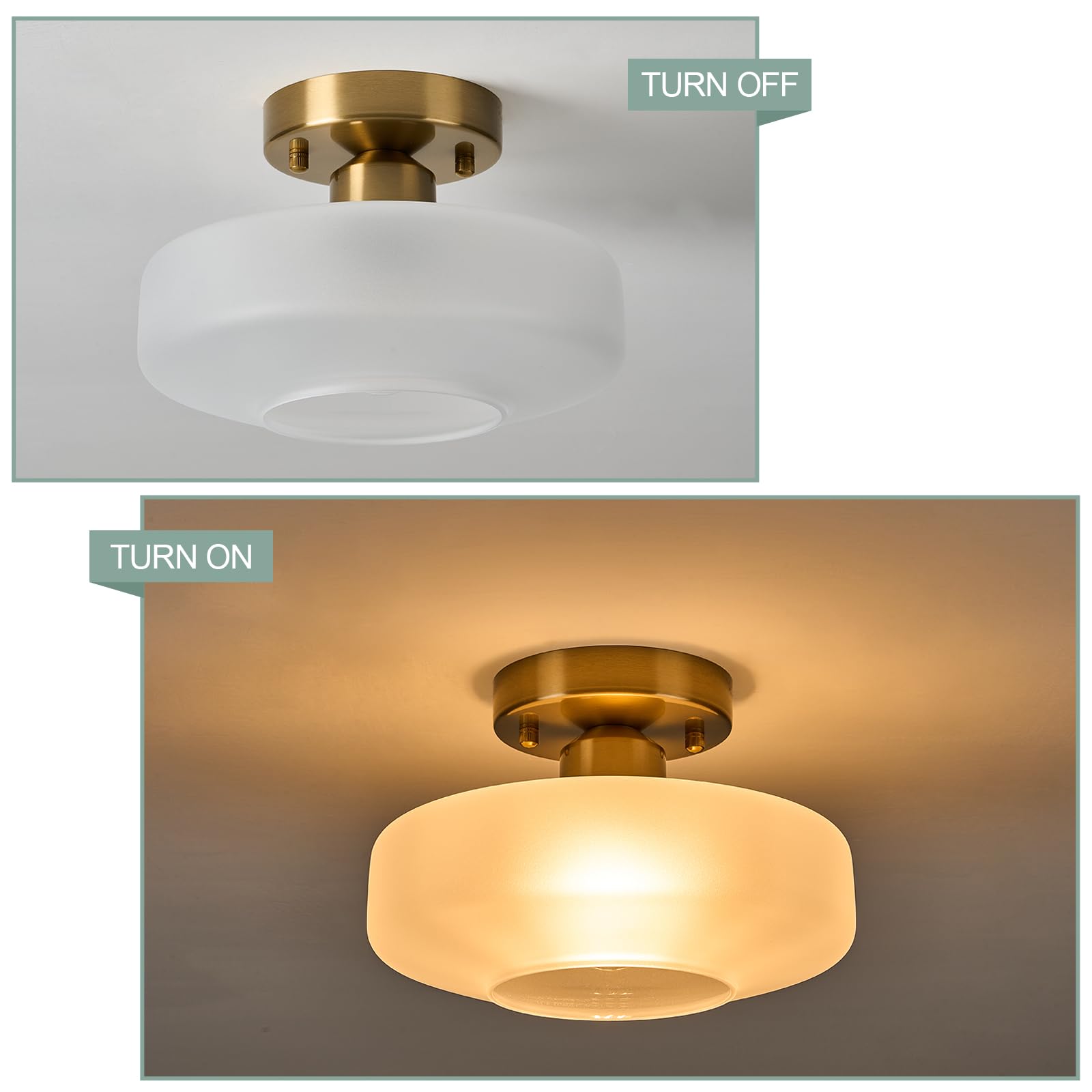 Flush Mount Light with Frosted Glass Shade, Brass Gold Finish Ceiling Light Fixture for Kitchen, Hallway, Entryway, Bathroom, Closet