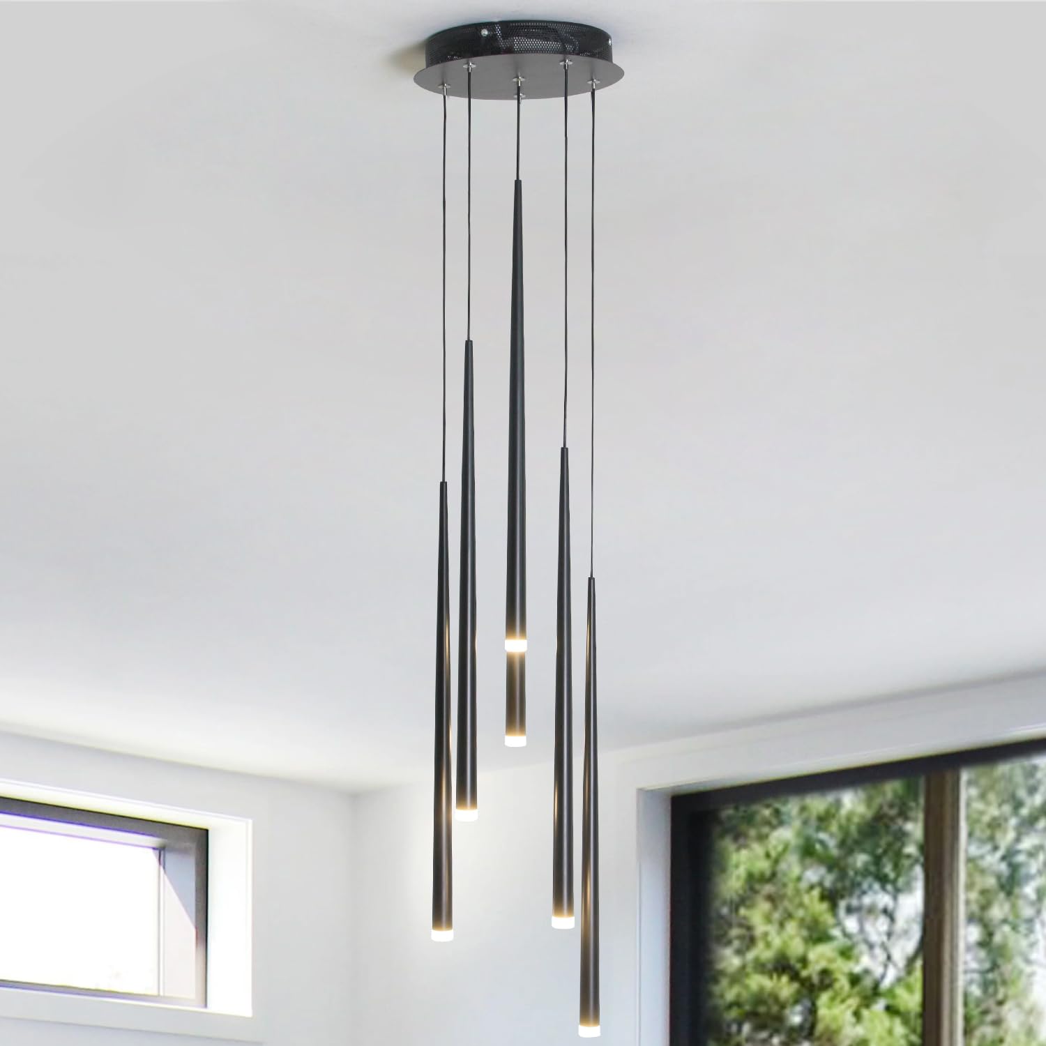 Modern Pendant for Kitchen Island, Linear Chandelier 6 Lights Cluster Bar for Dining Room, Black Warm White Dimmable