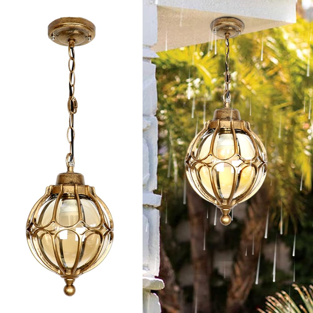 Outdoor Pendant Light Fixtures For Porch, Waterproof Exterior Lantern Glass Vintage Hanging Ceiling Light Retro Aluminum Outside Chandelier For Porch Patio Entryway Farmhouse (27cm/10.6",Gold)