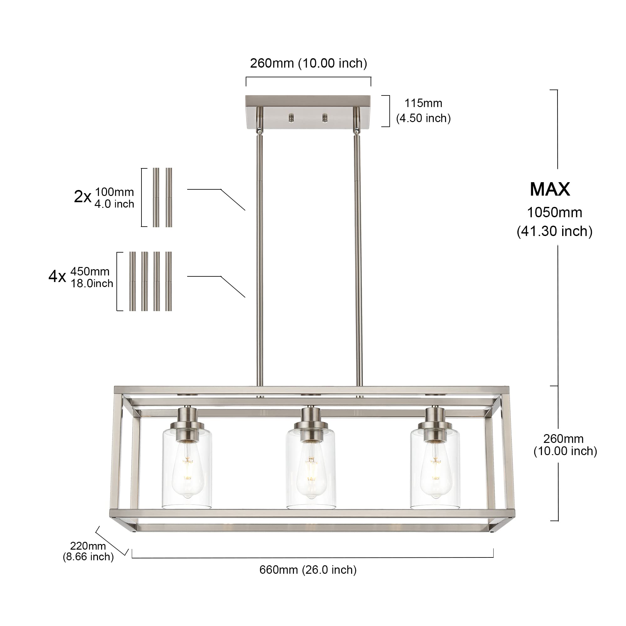 MELUCEE Black Chandeliers Rectangle 5 Lights Dining Room Lighting Fixtures Hanging Over Table, Kitchen Island Lighting Linear Pendant Light Ceiling with Clear Glass Shade and Brushed Brass Socket