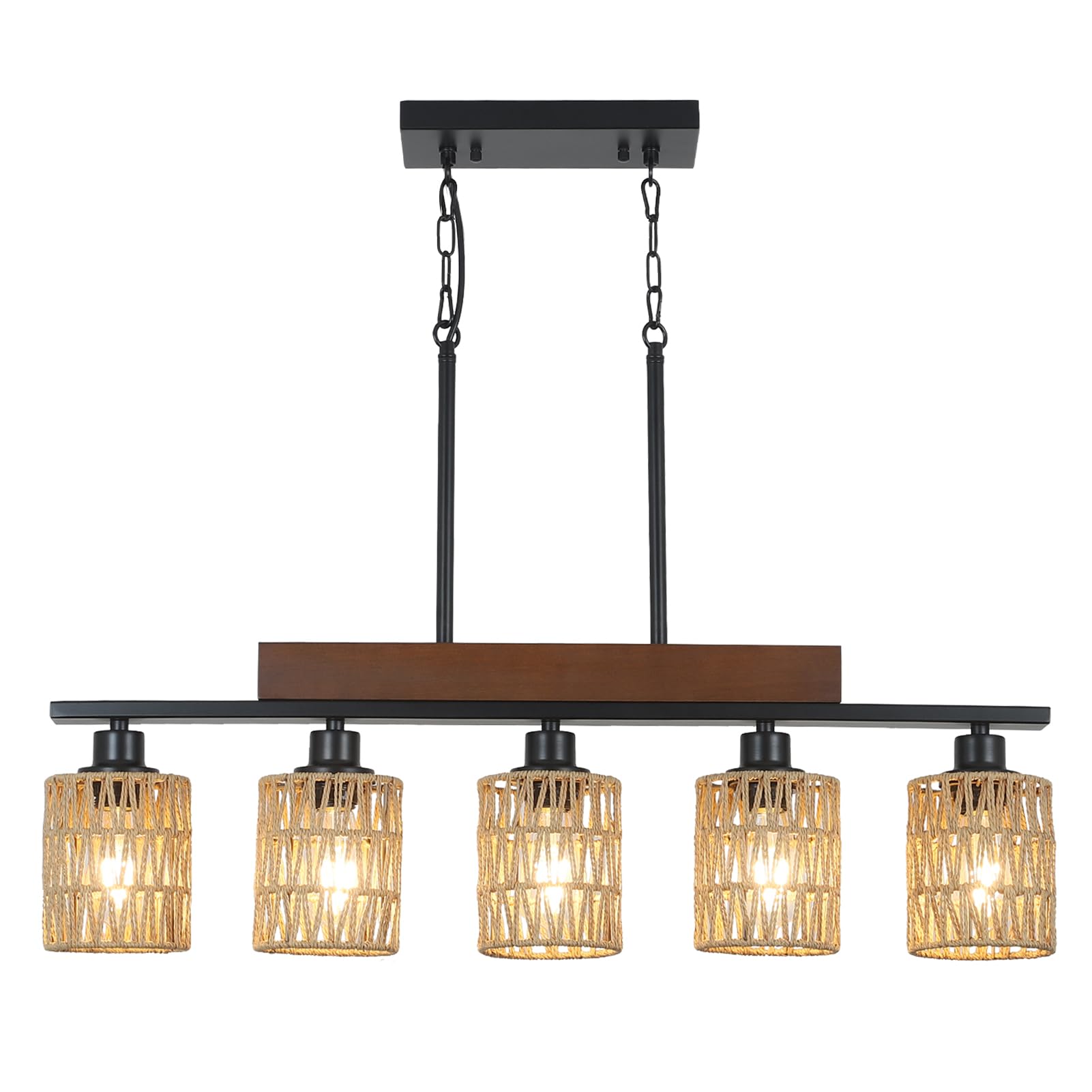 Rattan Farmhouse Chandeliers for Dining Room, Boho Kitchen Island Lighting, 5-Light Linear Chandelier Rectangle Pendant Lighting, Rustic Wood Chandeliers Black Hanging Light Fixtures for Living Room