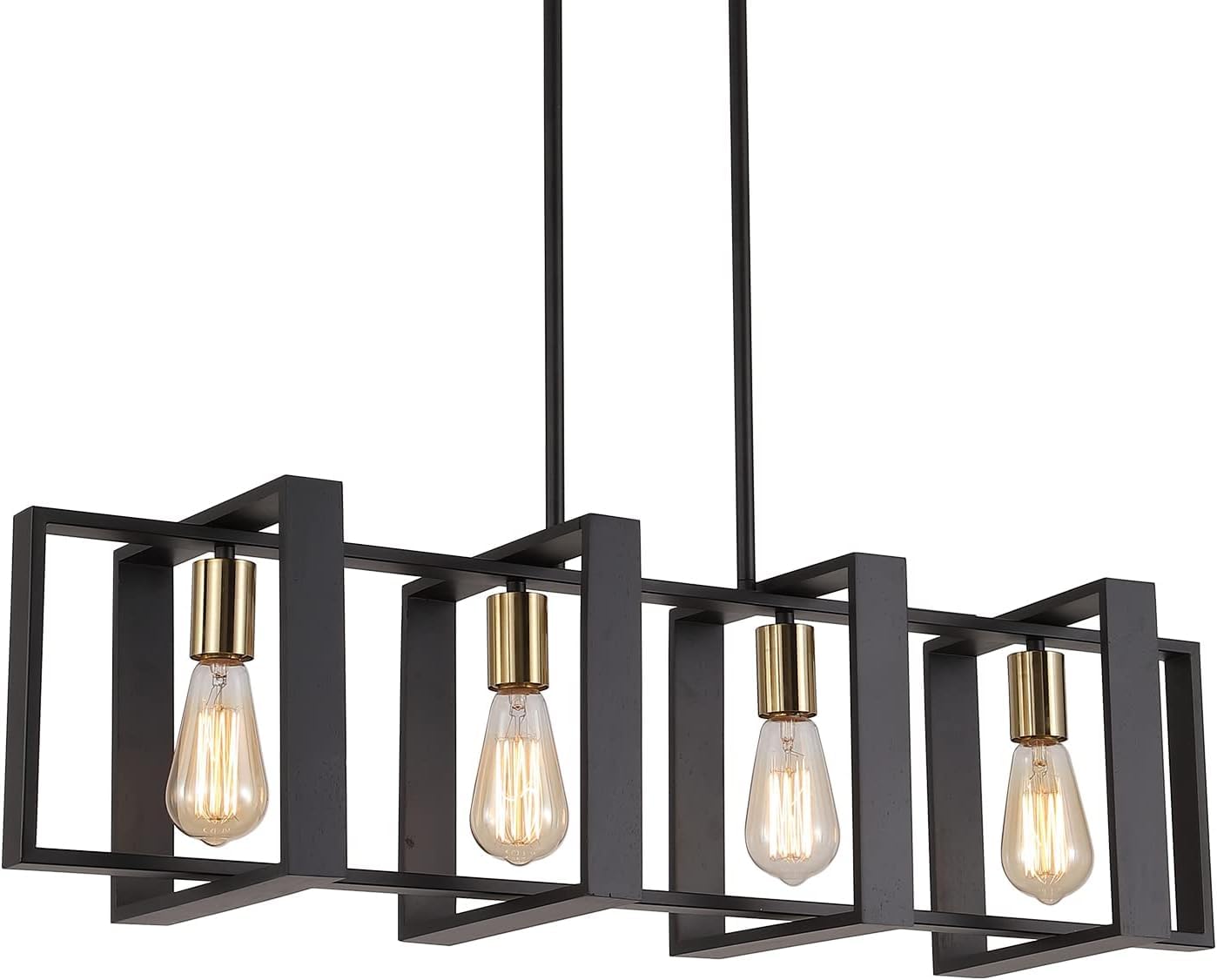 9MMML 3 Lights Kitchen Island Lighting, Modern Rectangle Linear Pendant Light, Black Frame+ Gold Socket Chandelier for Dining &Living Room Foyer Entryway Hallway,E26,Height Adjustable.