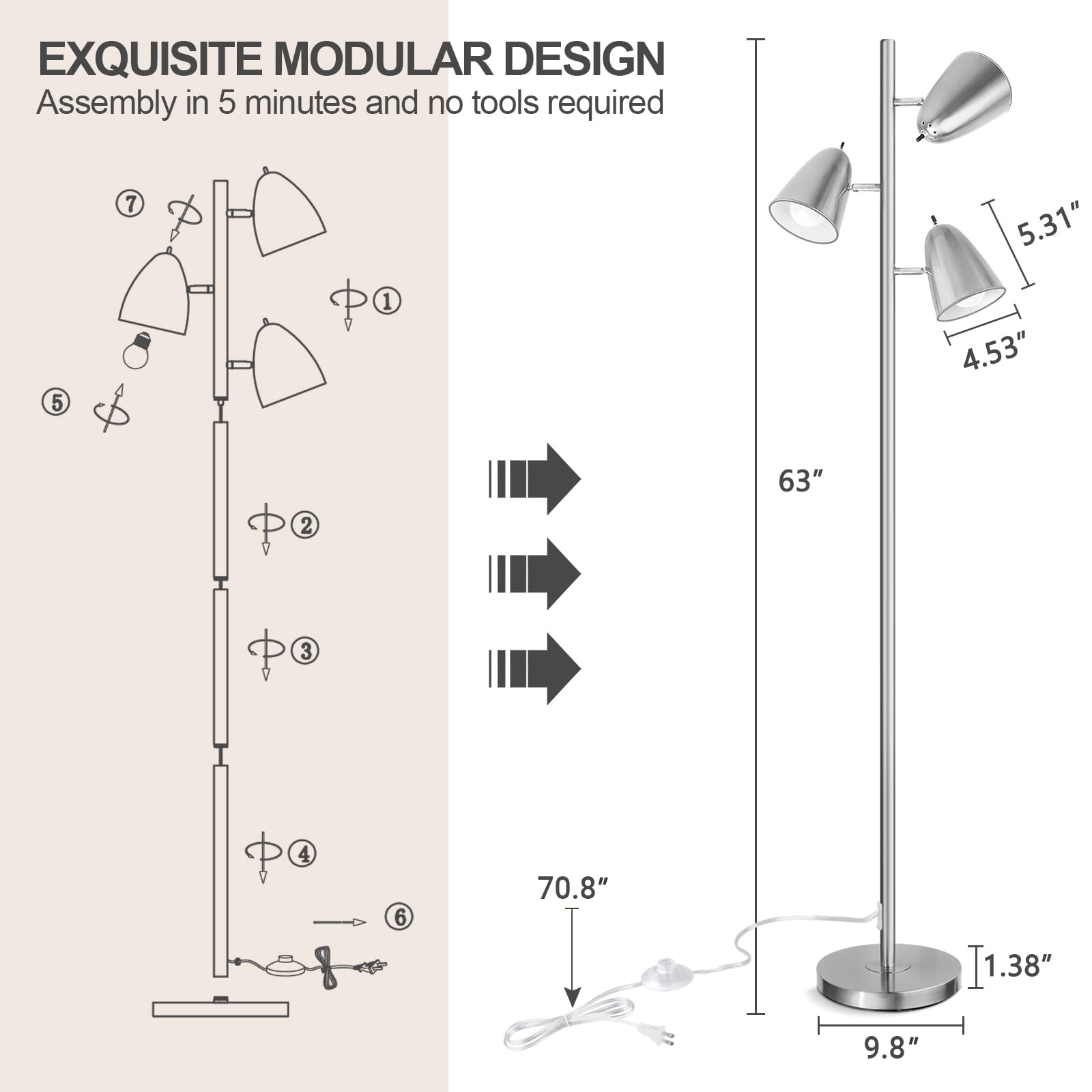 Tree Floor Lamp with 3 Light Bulbs, Standing Tall Pole Lamps for Living Room Bedroom Office, Reading Stand up Lamps with 3 Adjustable Arms, Brushed Gold