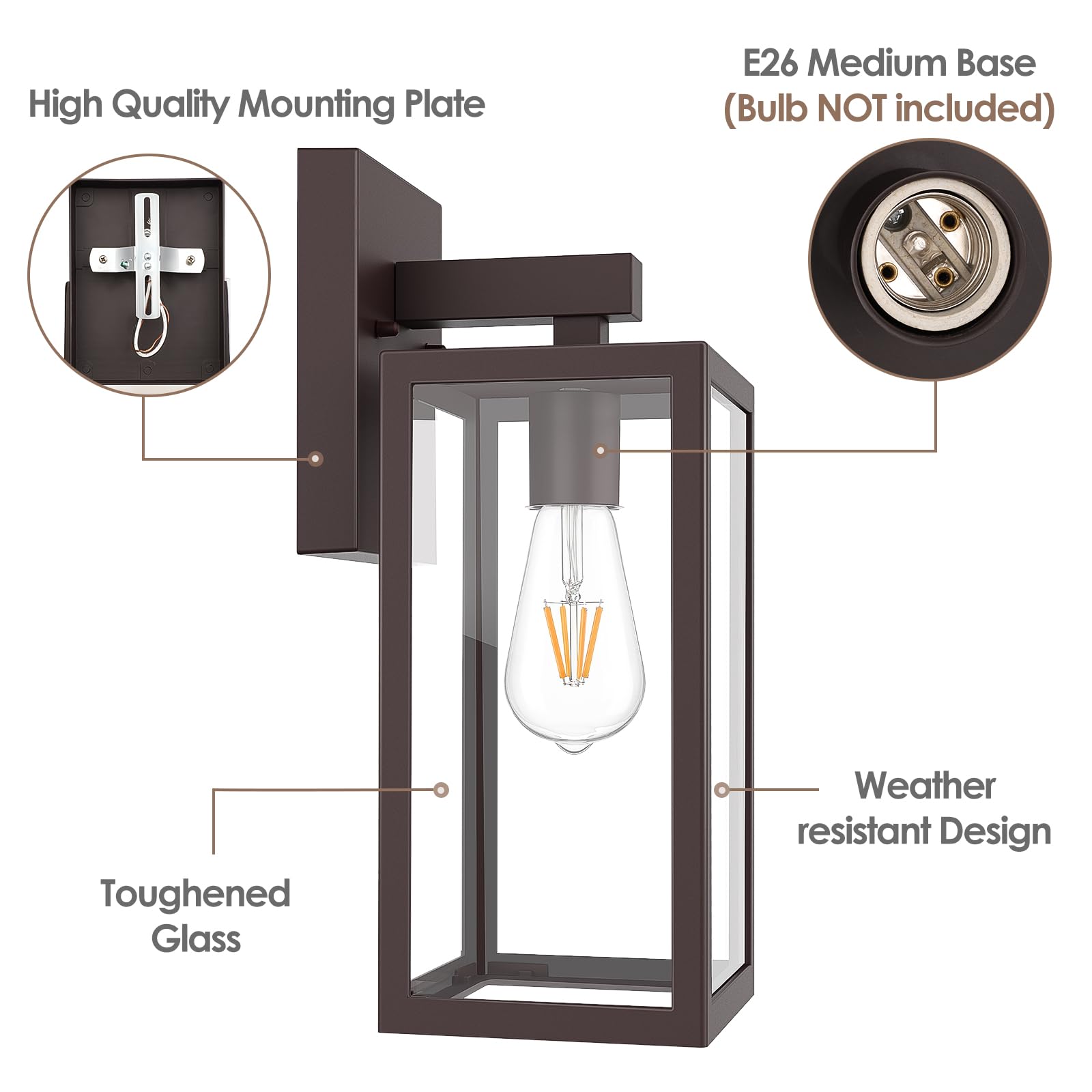 MAXvolador Outdoor Wall Sconce, Exterior Waterproof Wall Lantern Light Fixtures, Black Porch Lights with Toughened Glass Shade, Anti-Rust E26 Socket Front Door Wall Mount Lighting, 2 Pack