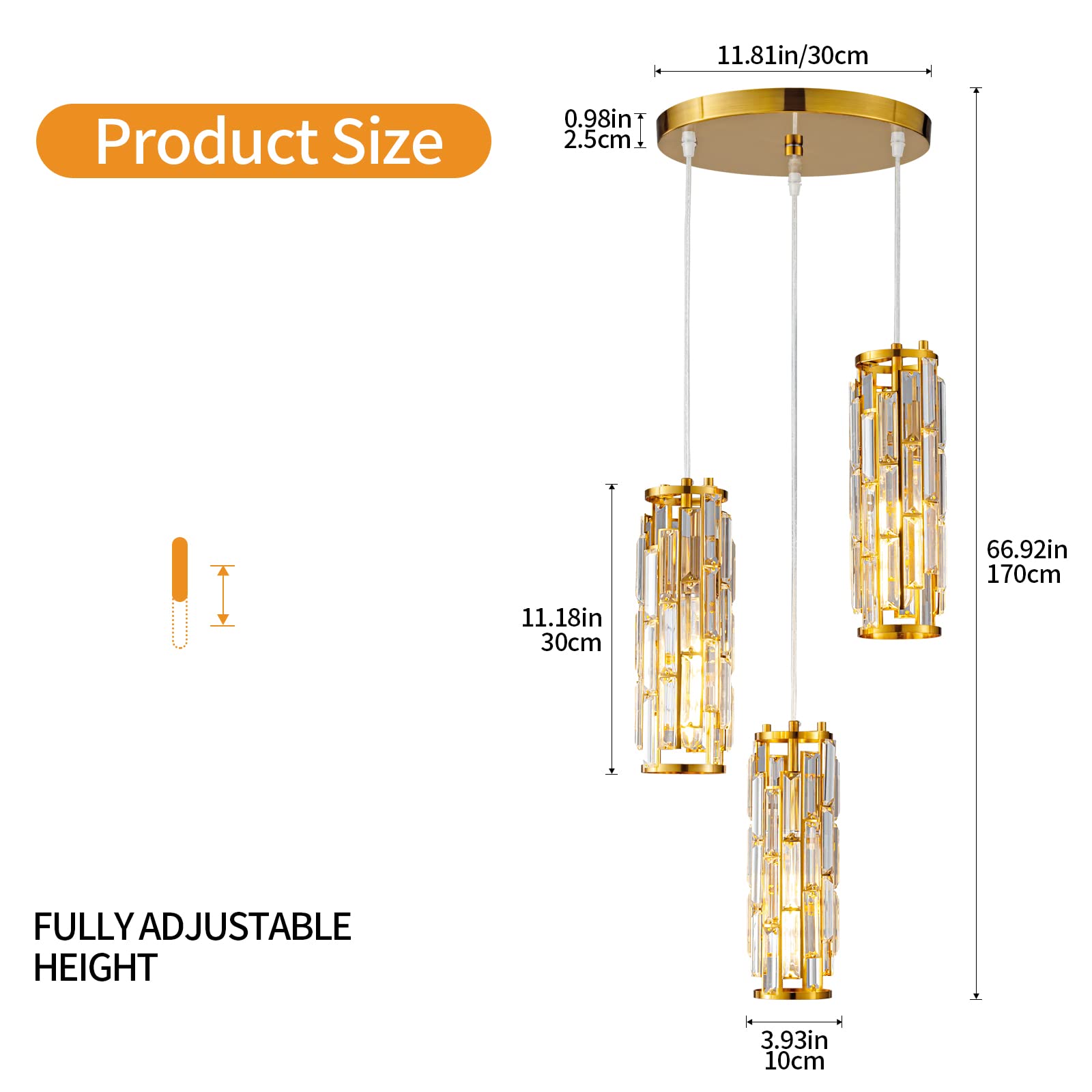 LMQNINE Pendant Lighting Modern Pendant Light, Mini Crystal Chandeliers,Adjustable Pendant Light Fixture for Kitchen Island Dinning Room Bedroom (Gold, 3-Light)