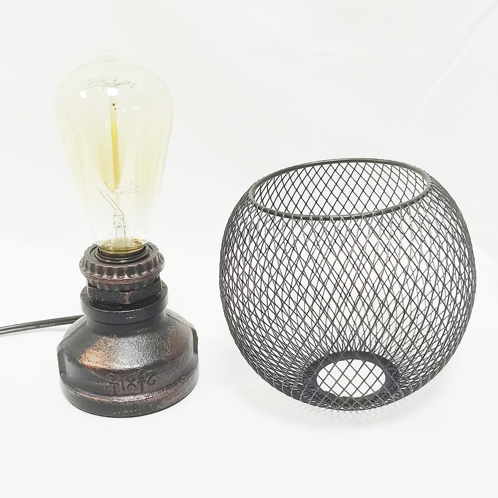 Industrial Table Lamp, Vintage Rustic Bedside Edison Desk Lamp Metal Cage Steampunk Nightstand Lamp for Living Room,Bedroom or Den (with Light cage)