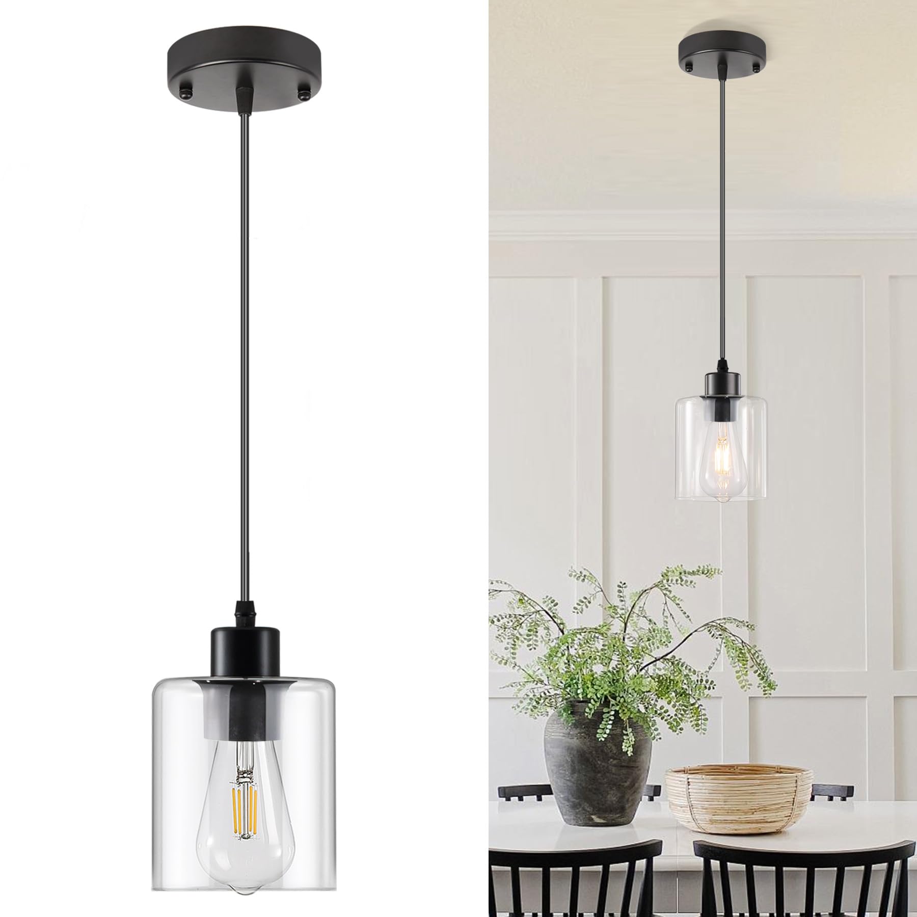 3-Lights Pendant Light Fixture, Hanging Light Fixture Kitchen Island, Black Pendant Lighting for Kitchen Bedroom Hallway, Dining Room Light Fixtures, E26 Base, Clear Glass Shade