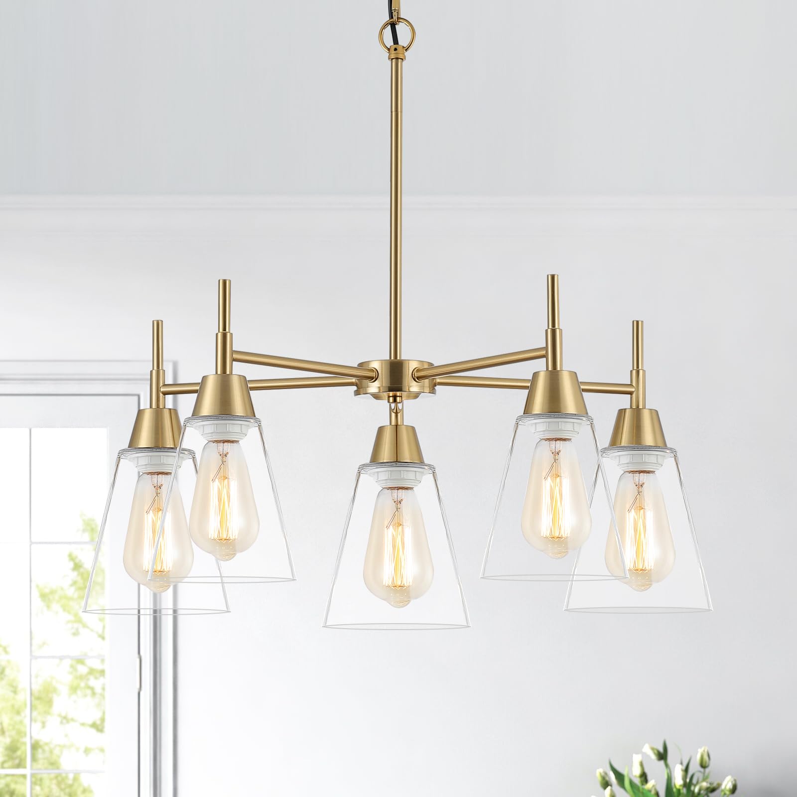 5-Light Gold Chandeliers for Dining Room,Modern Brass Chandelier Kitchen Island Light Fixtures Over Table,Pendant Ceiling Hanging Lighting with Clear Glass Shade for Entryway Foyer Hallway