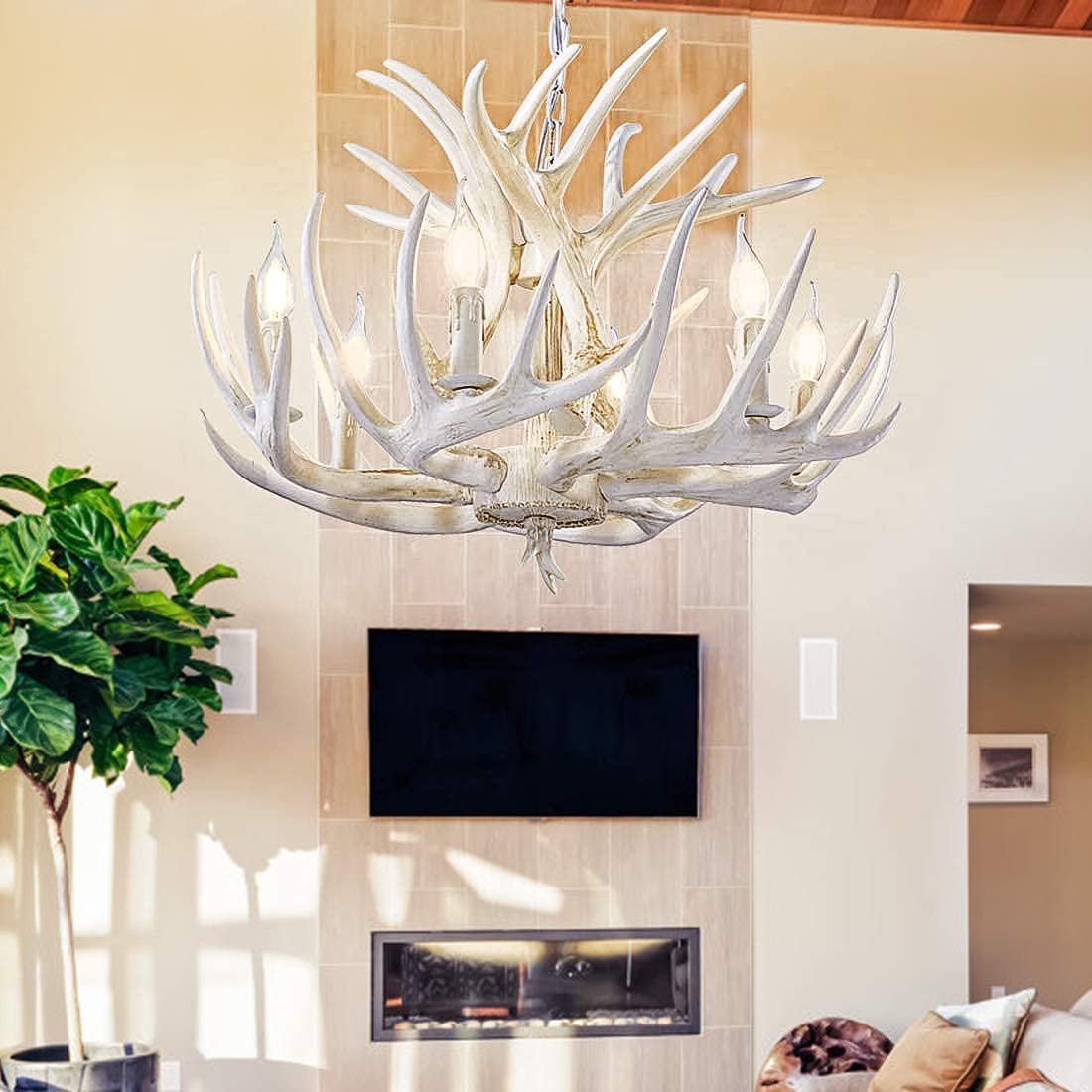 Deer Chandelier, 6 Lights Faux Retro White Antlers Vintage Style Rustic Antler Chandeliers Fixtures Ceiling for Living Room, Bar, Cafe, Kitchen, Dining Room