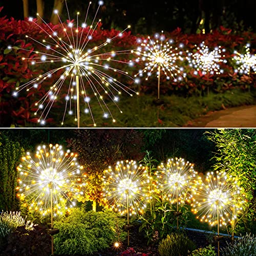 Solar Firework Lights, 2 Pack 120 LEDs 2 Lighting Modes Outdoor Waterproof for Garden Patio Walkway Pathway Party Wedding Christmas Decorative - Cool White