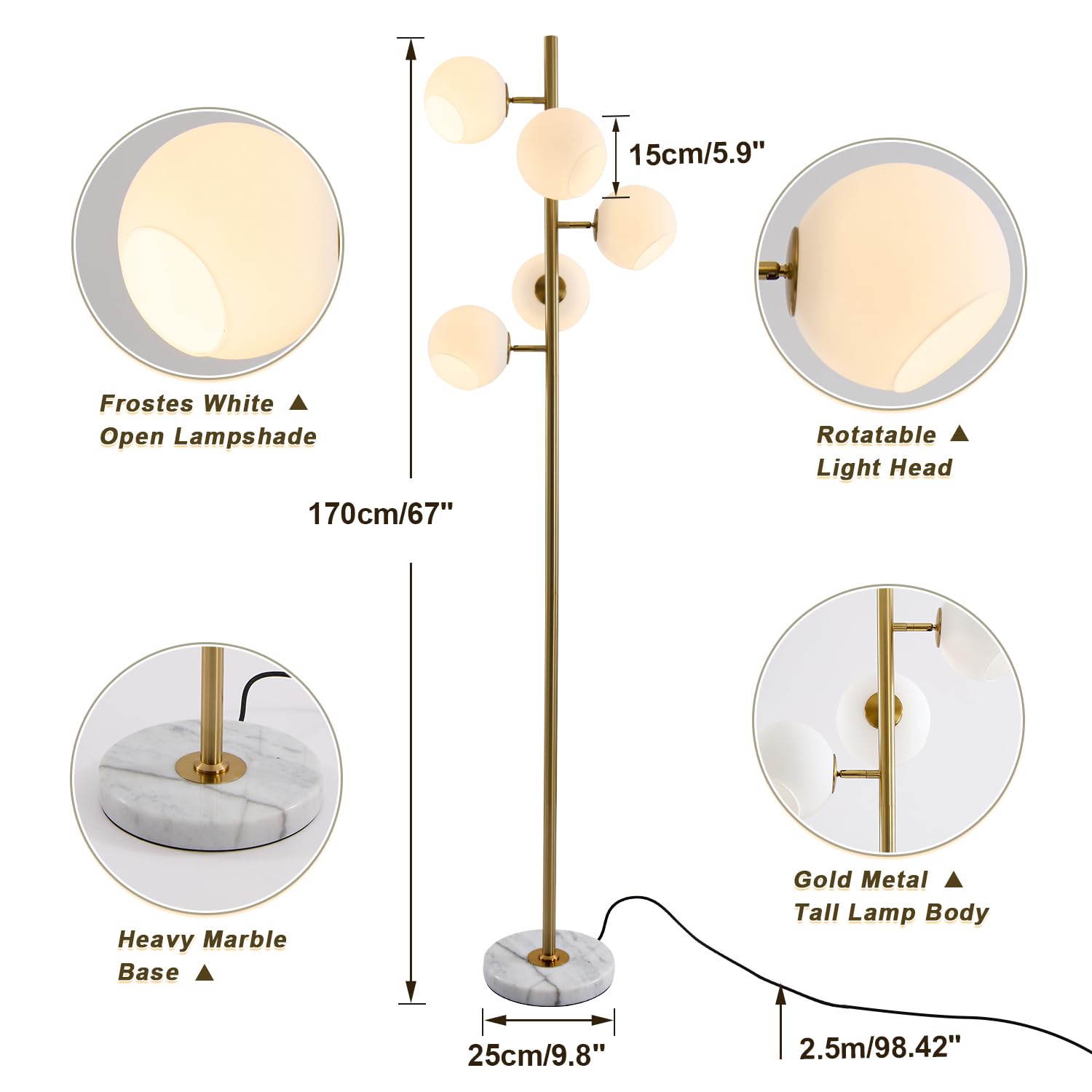 Lighting 5-Light Frosted White Glass Globe Floor Lamp Mid Century Modern Gold Tall Pole Standing Light LED Standing Lamps with Foot Switch for Home Office (Gold)