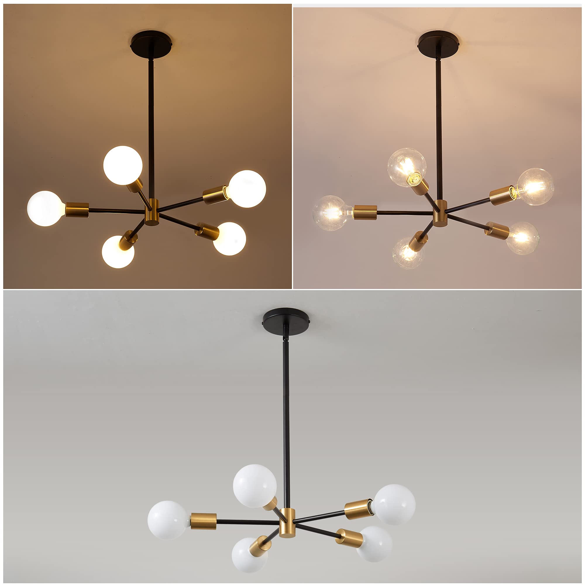 Sputnik Chandelier Modern Gold Chandelier 6-Light E26 Mid Century Ceiling Light Fixture Height Adjustable Hanging Pendant Lighting for Dining Room Kitchen Island Bedroom Office