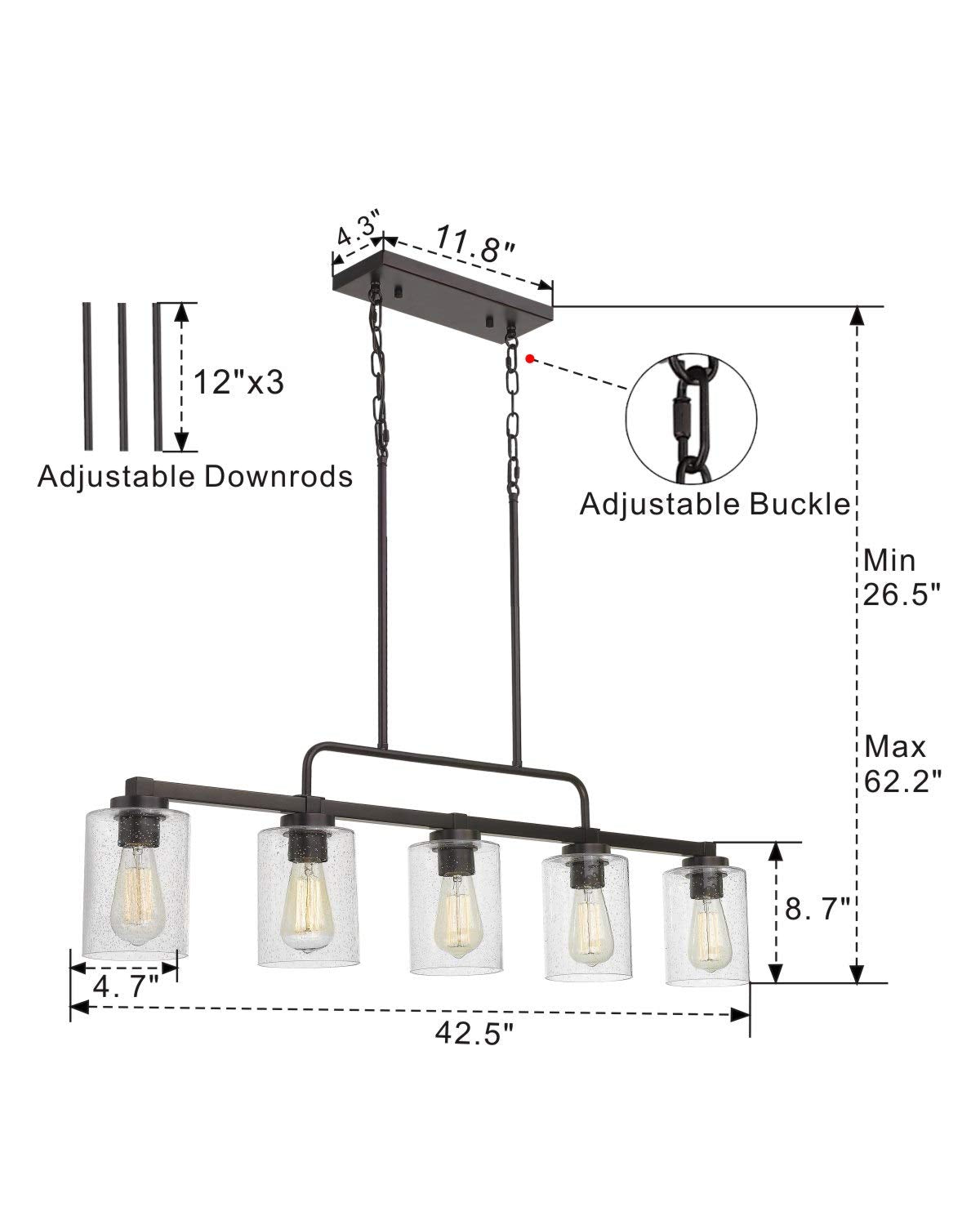 Beionxii 5-Light Kitchen Island Light, 42" Farmhouse Linear Lighting Chandelier for Dining Room Pool Table Pendant Light, Oil Rubbed Bronze with Clear Seeded Glass