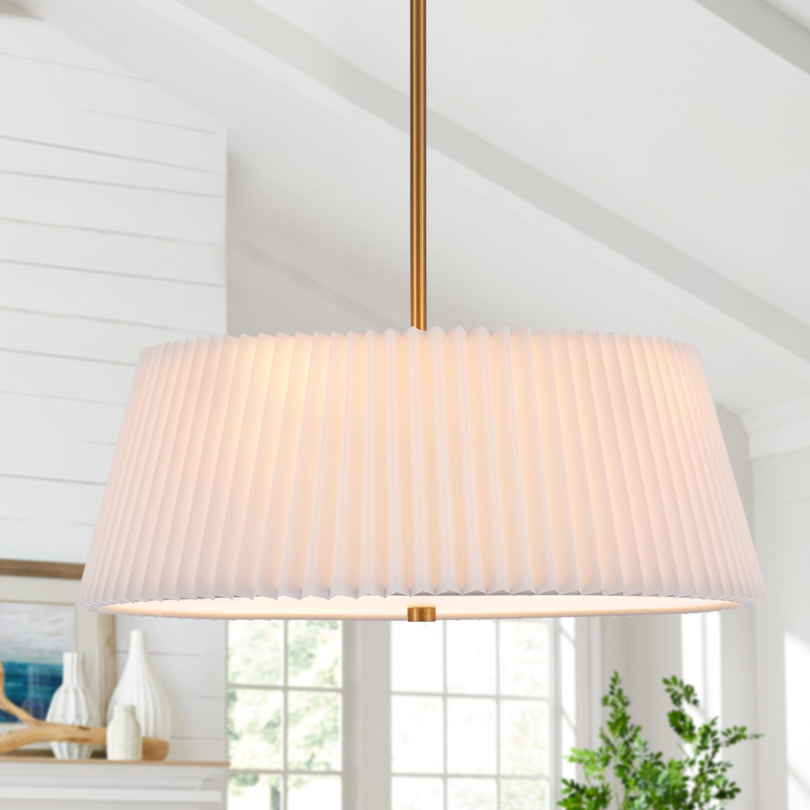 Drum Chandelier Light Fixture Vintage Modern Farmhouse 4-Lights Chandelier with White Linen Lampshade 18.9" Rustic Drum Chandelier for Dining Room, Bedroom, Kitchen