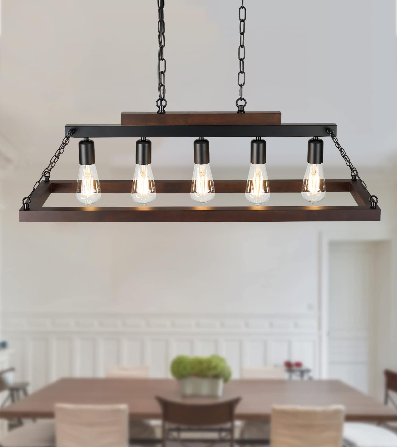 Rustic Kitchen Island/Dining Room Light Fixture Farmhouse Rectangle Wood Linear Chandelier Over Table 5-Light Black Retro Industrial Metal Ceiling Hanging Pendant Lighting Fixtures(95% Assembled.)