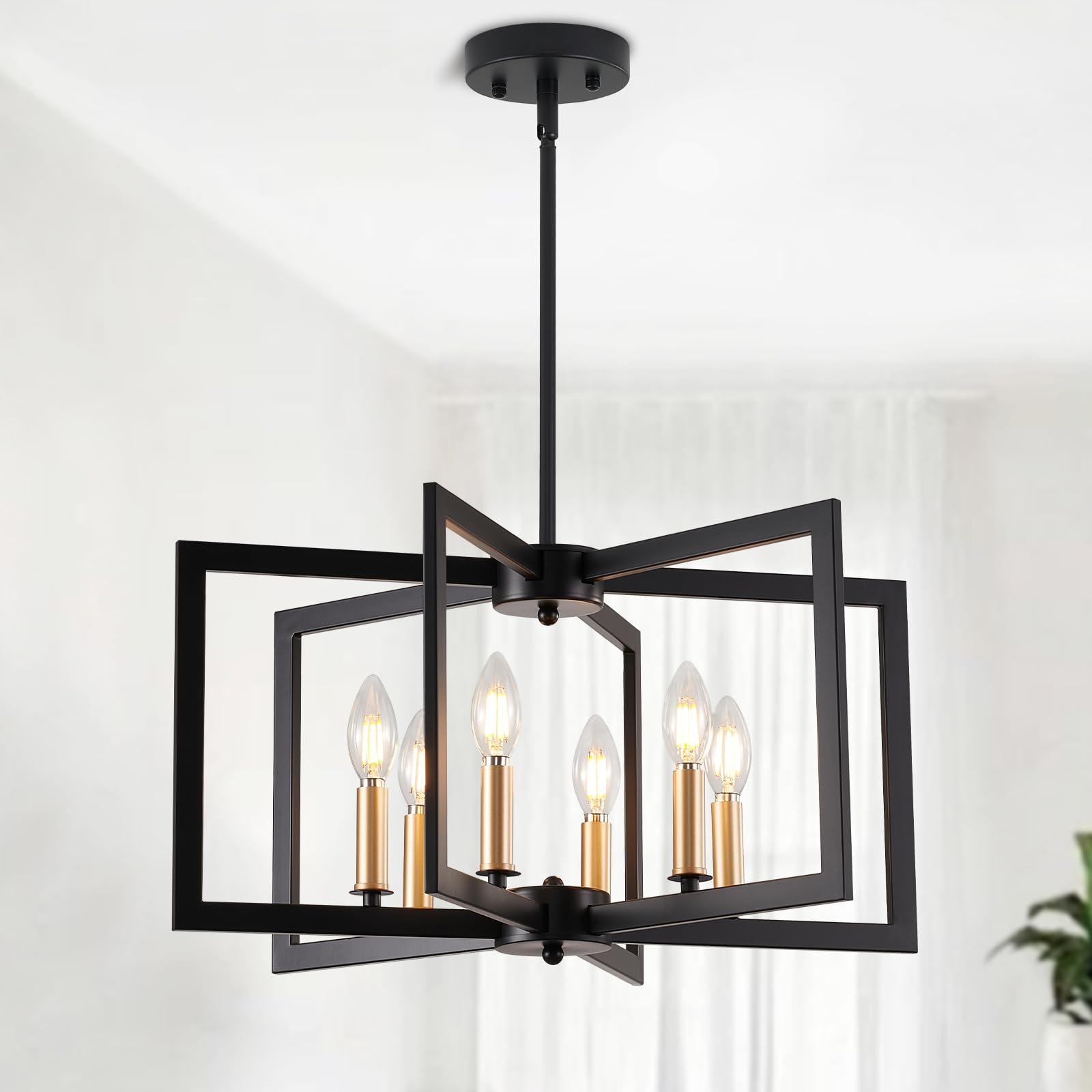 Black Chandelier, Dining Room Light Fixture Geometric Metal Modern Industrial Chandelier Lighting for Farmhouse Living Room Entryway Kitchen (E12 Bulbs Not Included, 6 Light)