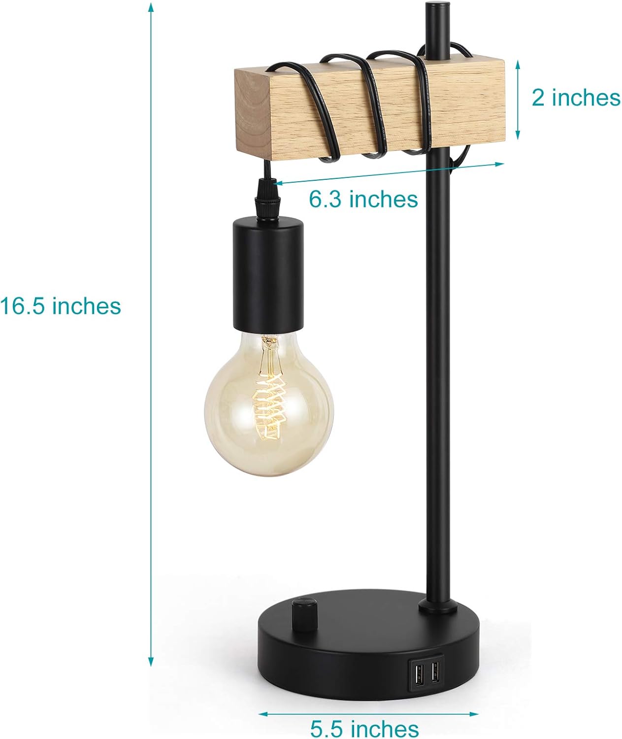 Industrial Table Lamp, Bedside Nightstand Lamp with 2 USB Charging Ports, Vintage Desk Lamp with Solid Wood for Bedroom Living Room Office