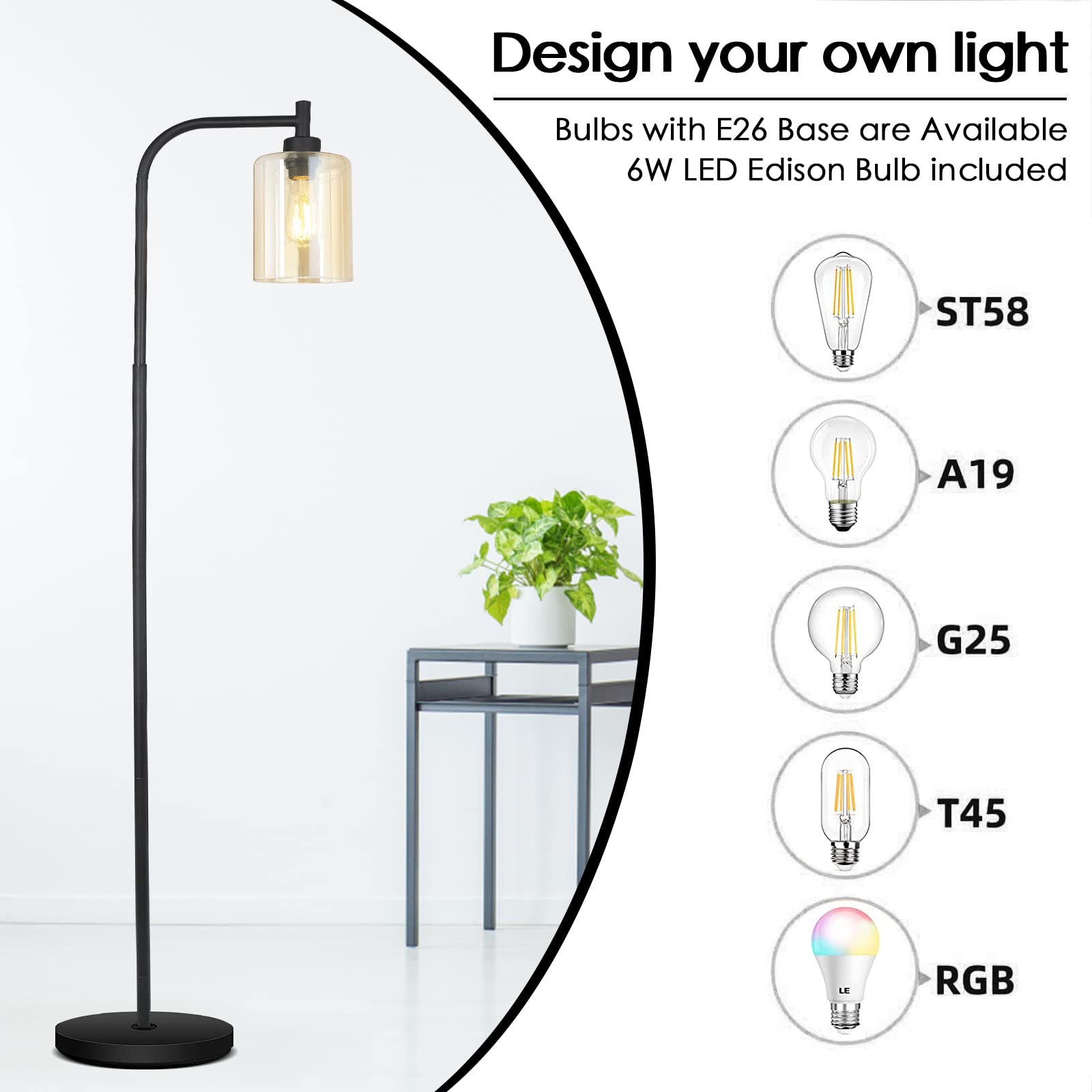 Floor Lamp, 6W Black Modern Floor Lamp with 4W Adjustable Reading Lamp, 2700K Energy-Saving LED Bulbs Included, Industrial Bright Floor Lamp for Bedroom, Living Room and Office