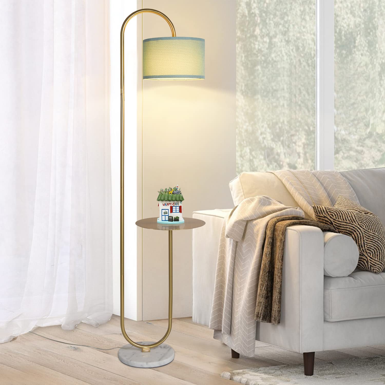 Floor Lamp with Hanging Drum Shade for Living Room-Marble Base Modern Tall Stand Up Light with Table, Contemporary Over The Couch Gold Lamp Standing Lamps for Bedroom Office