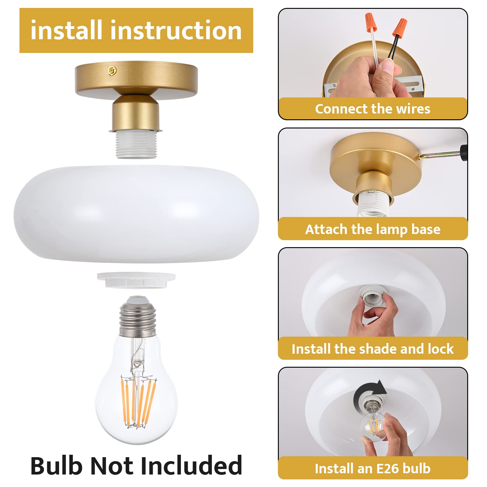 Mid-Century Modern Gold Semi Flush Mount Ceiling Light, Kitchen Ceiling Light Fixture with Glass Shade, Vintage White Close to Ceiling Lamp for Entryway Hallway Bathroom (8.66 Inch)