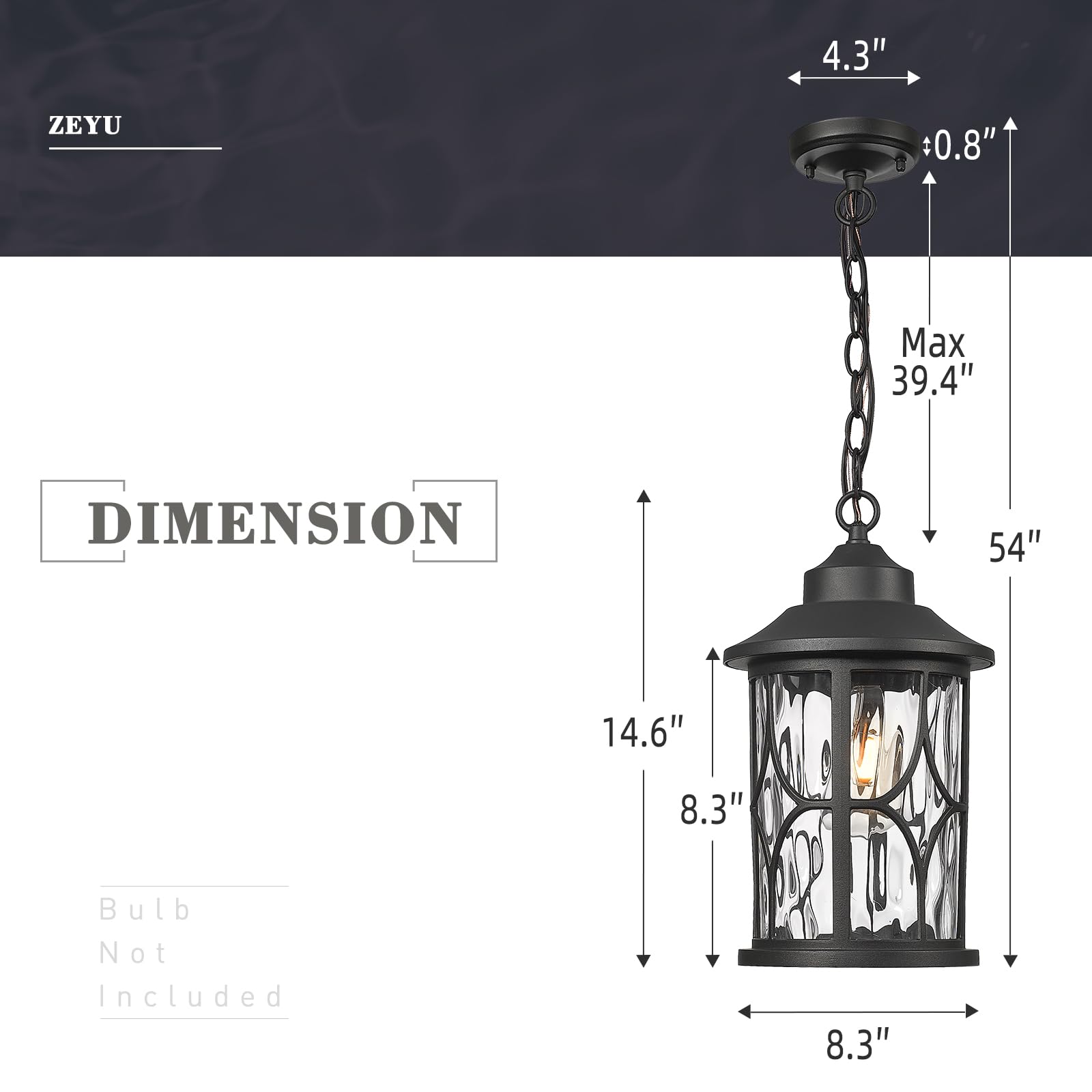 Outdoor Pendant Light for Porch - 12 Inch Farmhouse Exterior Hanging Lantern with Seeded Glass, Black Finish, ZX48H BK