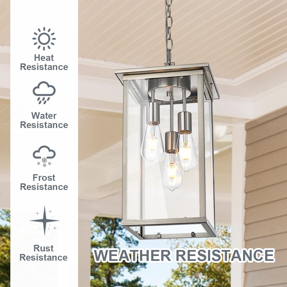 3-Lights Large Outdoor Pendant Light, Black Porch Ceiling Lighting Fixtures with Seeded Glass Panel, Exterior Hanging Lantern Adjustable Chain for Yard Entryway Patio