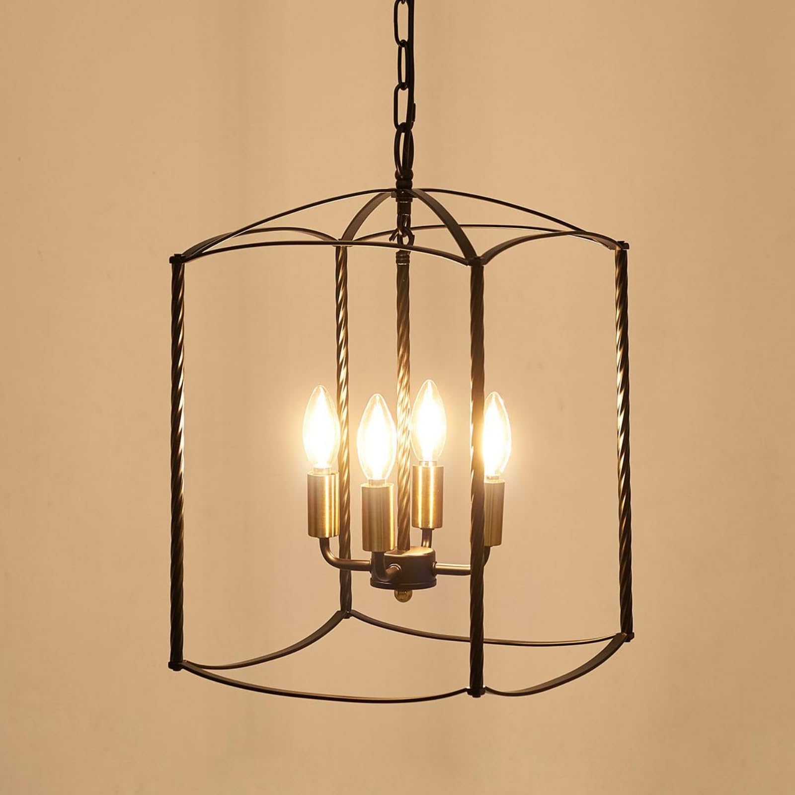 Farmhouse 4 Lights Pendant Light, Industrial Black Lantern Chandelier with E12 Gold Base Metal Cage Rustic Geometric Hanging Light Fixtures for Kitchen Island Foyer Entryway Dining Room