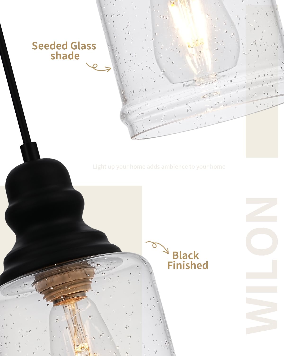 WILON Industrial Pendant Lighting, Pendant Lights for Kitchen Island 3 Light Glass Pendant Light Fixture with Seeded Glass Shade, Adjustable Cord Farmhouse Ceiling Light Black finish Linear Chandelier