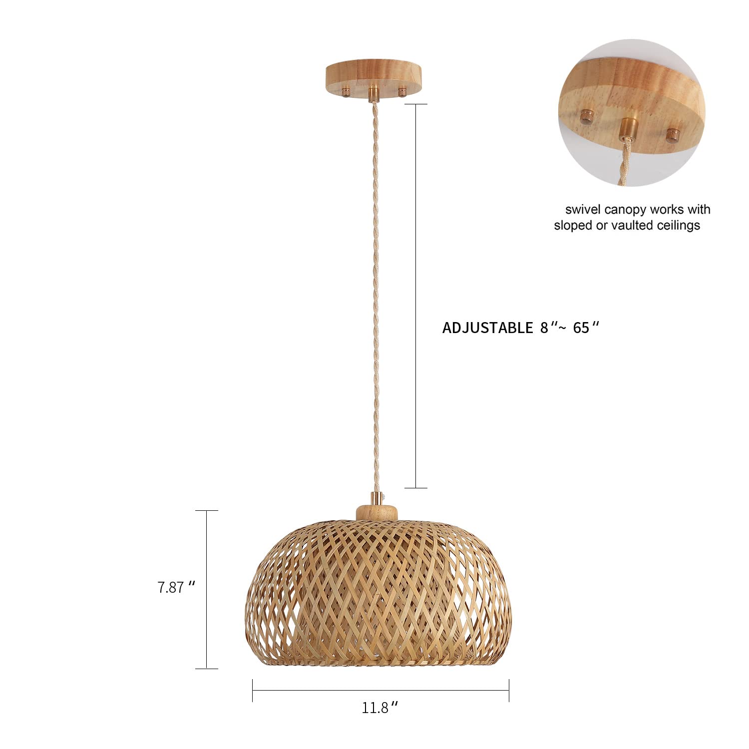 Bamboo Pendant Light Fixture One-Light Adjustable Boho Basket Handmade Woven Mini Pendant Lighting for Kitchen Island Sink Farmhouse Home