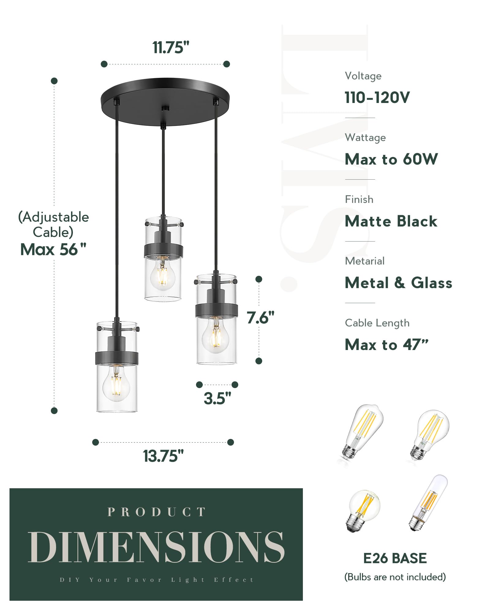 LMS 4-Light Island Lights, Farmhouse Light Fixtures with Hammered Glass Shade, Matte Black Linear Chandelier Pendant Lighting Over Table for Adjustable Height, Kitchen Island, LMS-171BK-4