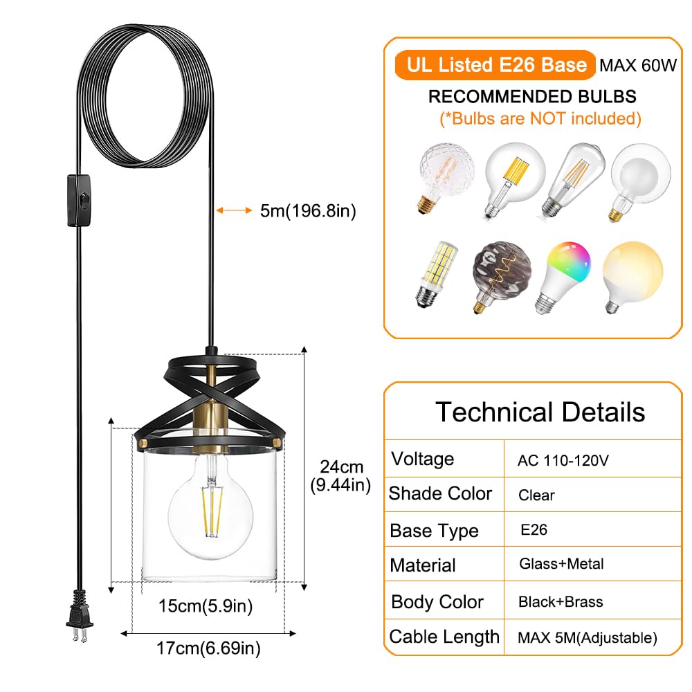 Black and Gold Pendant Light Fixture, Modern Pendant Lights Kitchen Island with Clear Glass Shade, Industrial Pendant Lighting over Island, Pendant Lamp for Dining Room Sink, 6ft Adjustable Cable