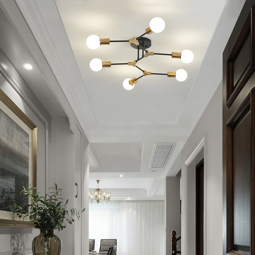 Modern Mid Centur 6 Light Semi Flush Mount Ceiling Lighting Fixture for Living Room Bedroom Dining Room Hallway Kitchen Office,Minimalist Gold and Black Sputnik Chandelier