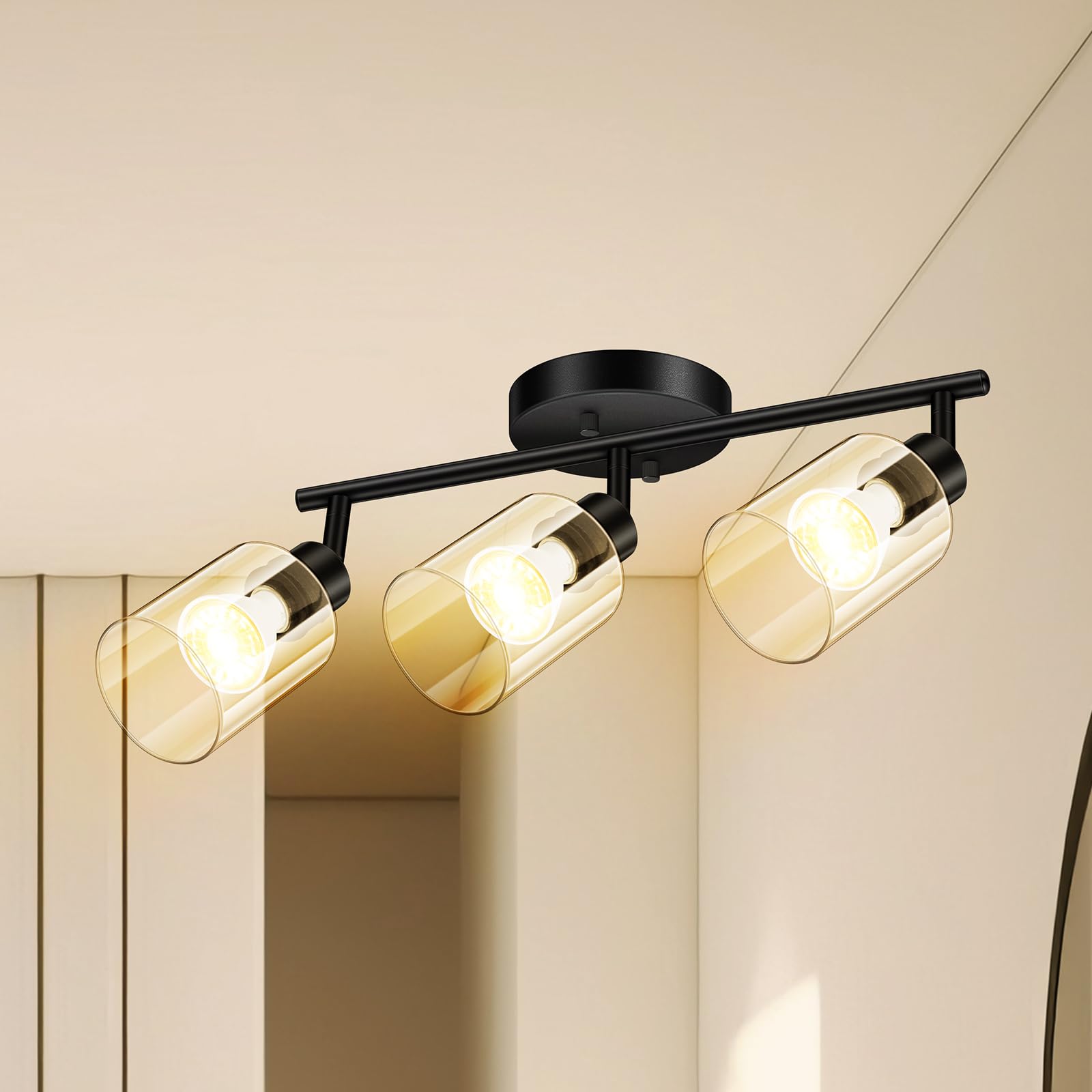 4 Light Led Track Light,Glass Lightshade Track Lighting Kits,4 Way Modern Ceiling Spot Lights for Kitchen,Dining Room,Bedroom,Hallway,Flexibly Rotatable Light Head,Black,Not GU10 Bulb