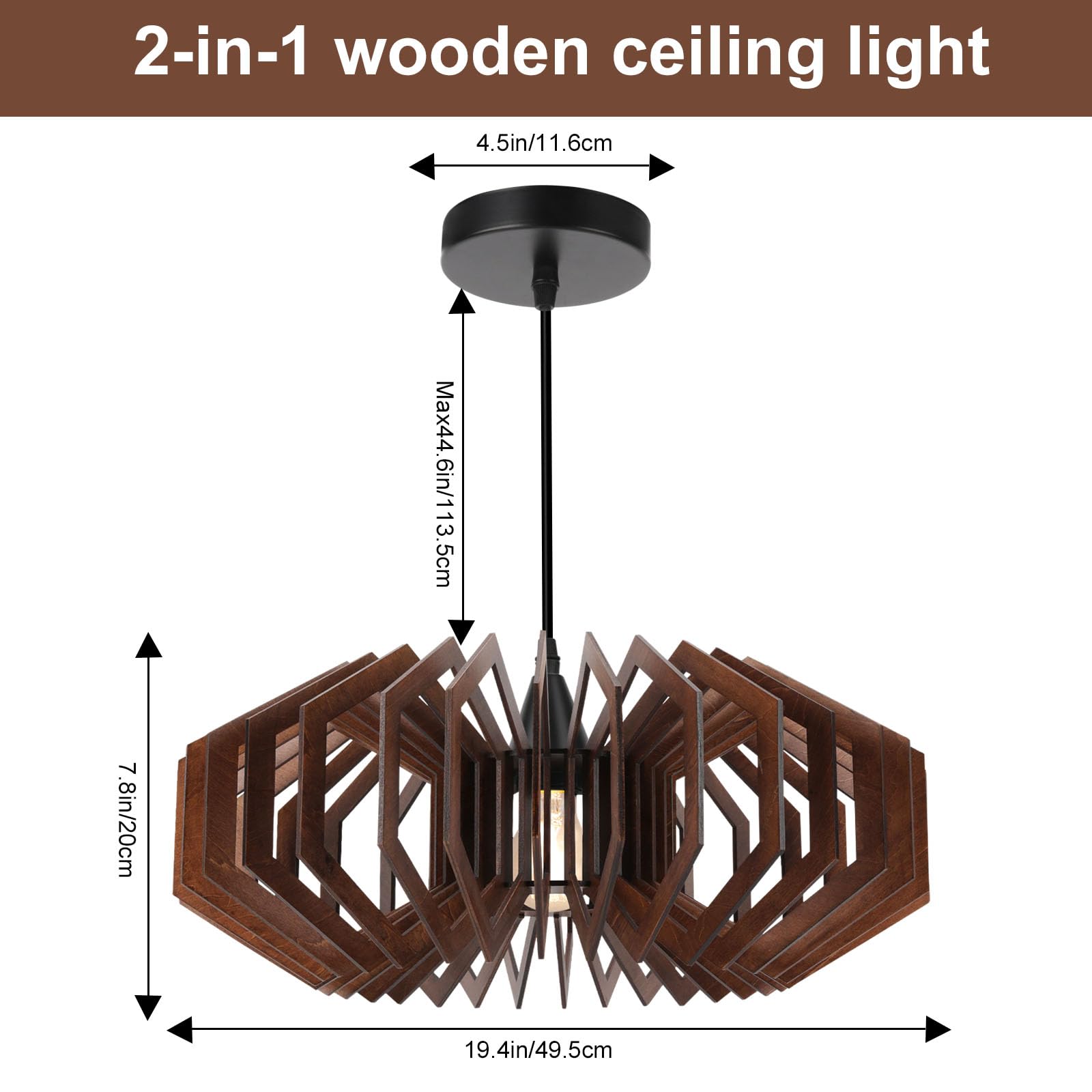 Farmhouse Pendant Light Wood Hanging Light Ceiling Chandelier, Modern Boho Hanging Lamp Lighting Fixture for Kitchen Dining Room Bedroom Living Room (17.2 inch)