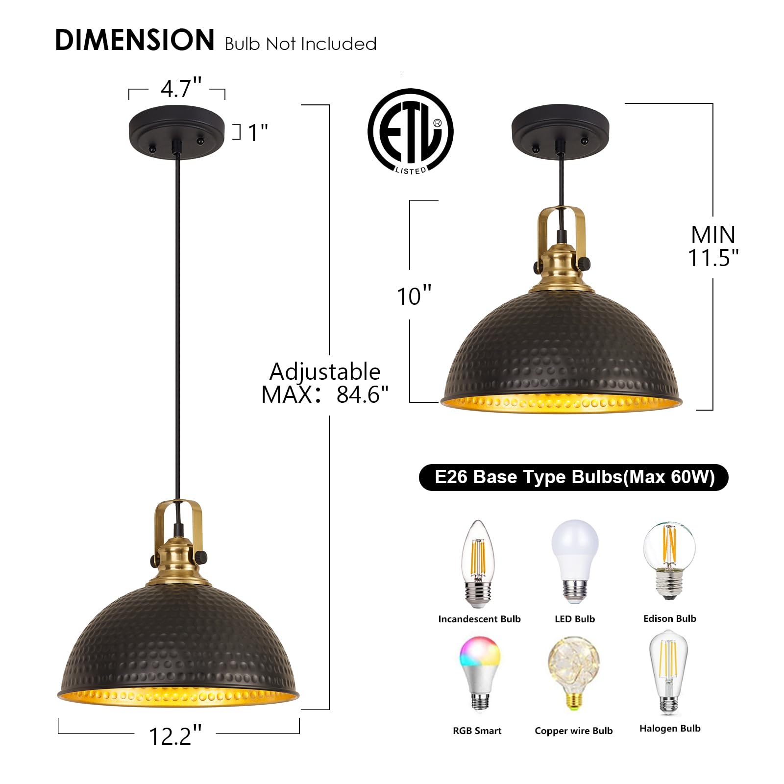 Black Pendant Lights Kitchen Island Industrial Pendant Light Fixtures Dome Kitchen Island Lights Metal Shade Modern Pendant Lighting for Bar Farmhouse Dining Room Bedroom Hallway（3 Packs）