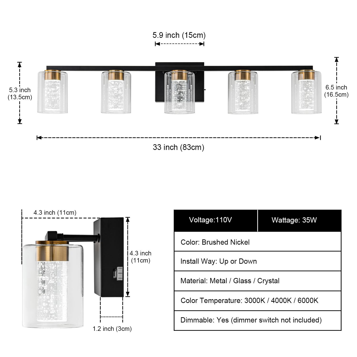 2-Light Brushed Nickel Vanity Light with 3 Color Modes (3000K/4000K/6000K), Eye Protection LED Bathroom Light Fixture, Dimmable Modern Wall Light Over Mirror with Clear Glass Shade