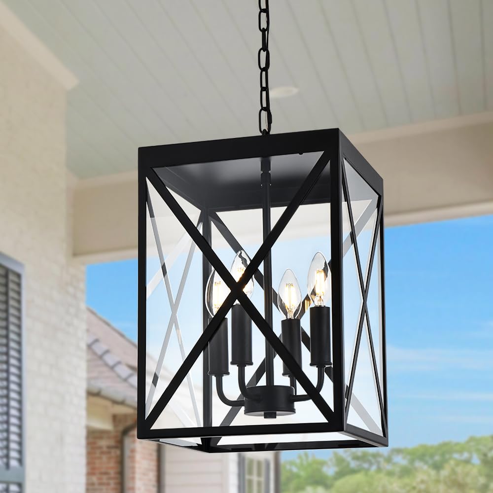 Black Outdoor Pendant Light 4-Light Outside Pendant Hanging Light Fixture Ceiling Mount with Clear Glass Industrial Hanging Cage Chandelier for Porch,Entryway,Doorway,Farmhouse