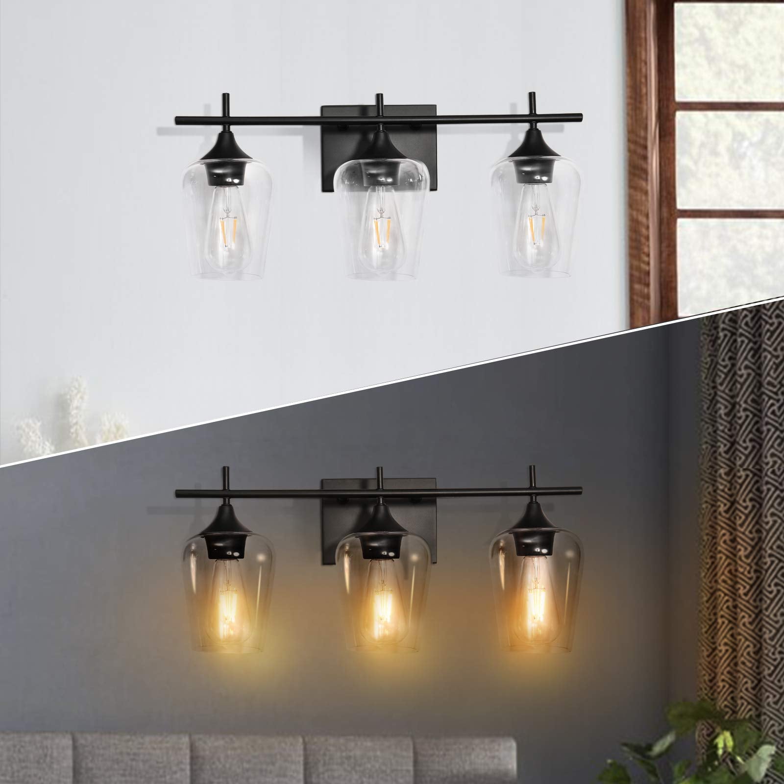 Vanity Lights Fixtures, 2 Light Bathroom Light, Black Bathroom Lighting Fixtures Over Mirror with Clear Glass Shade, Modern Vanity Lighting for Bath, Living Room, Bedroom